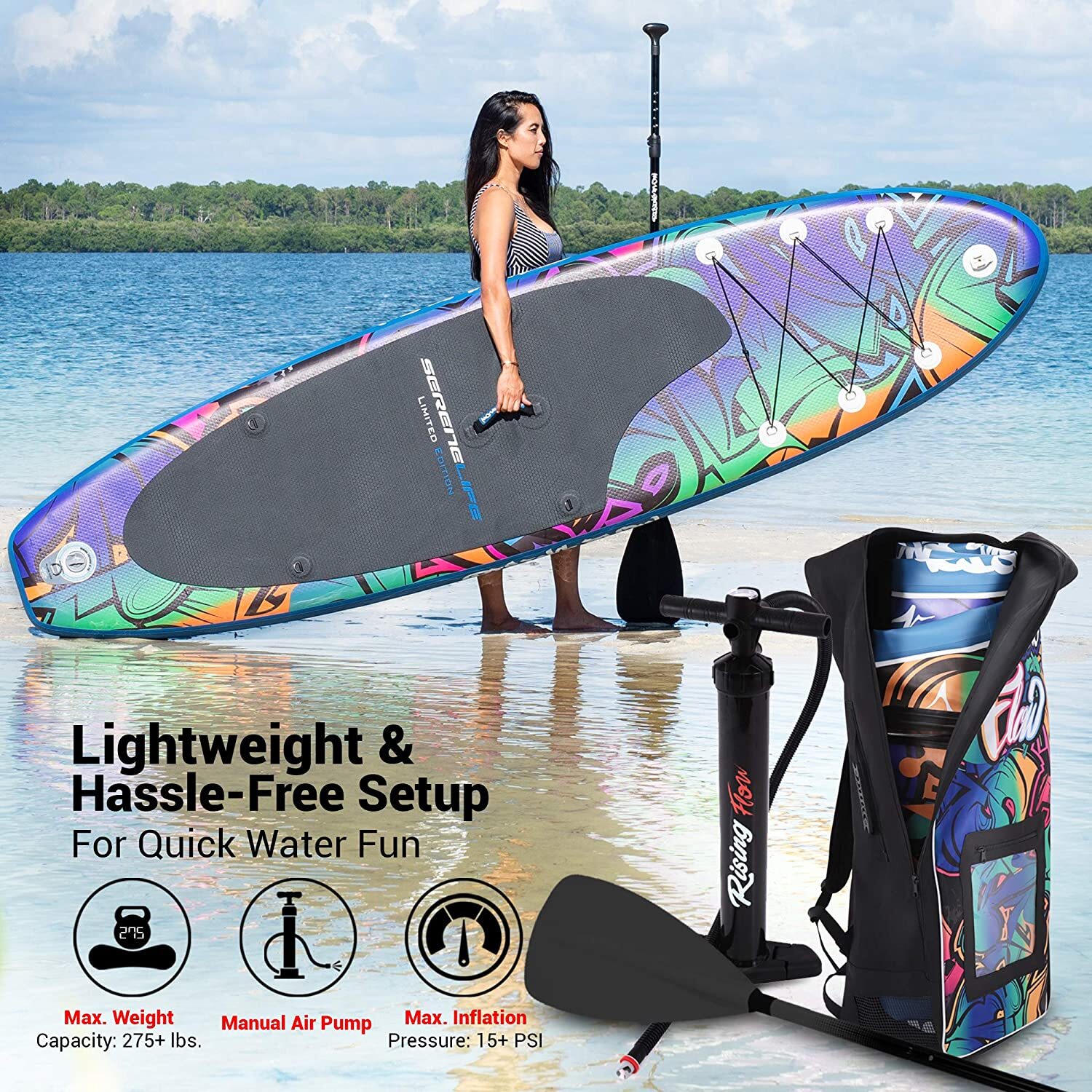SereneLife Inflatable Stand Up Paddle Board Surf Paddling Wide Stance 6″ Thick