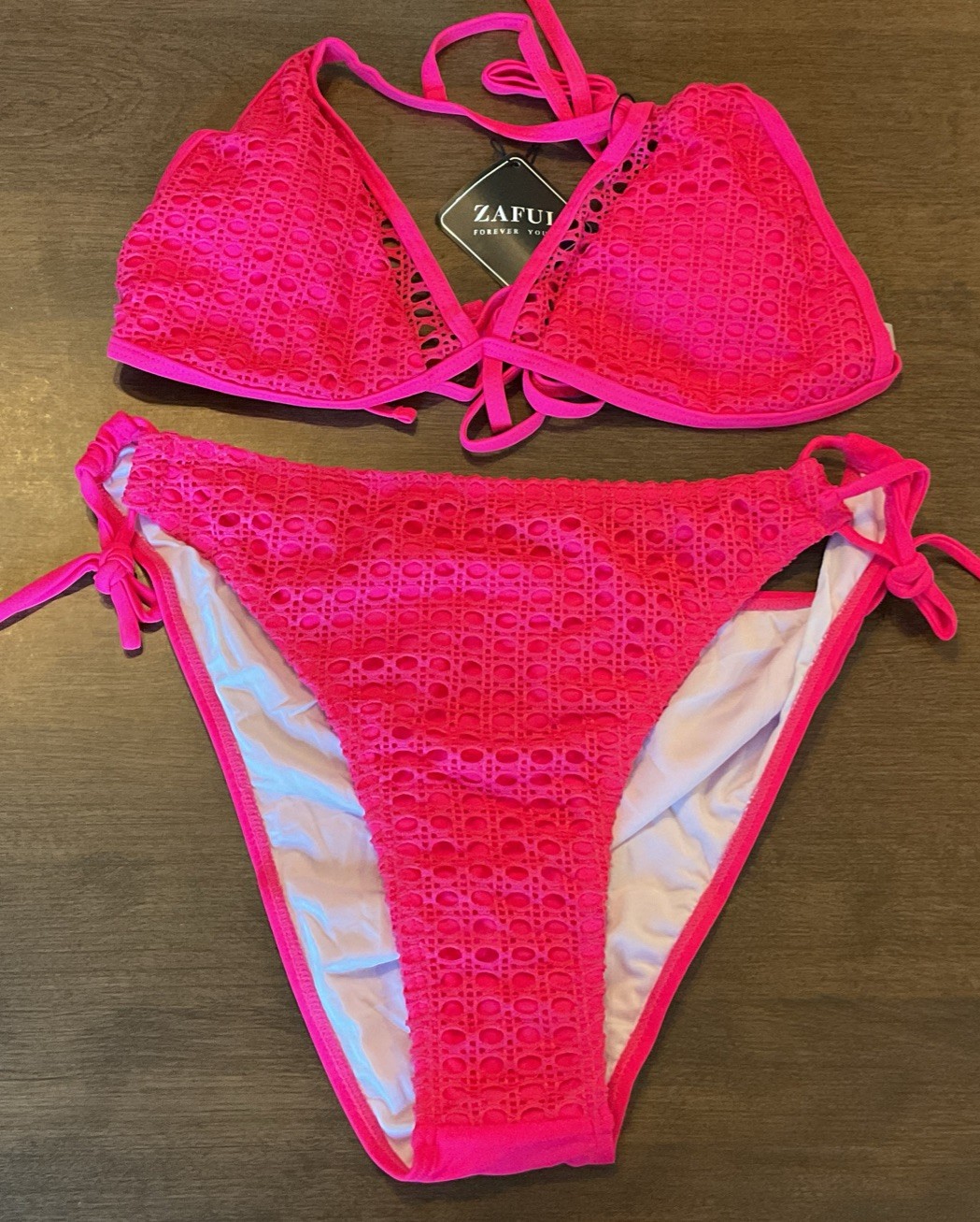 Zaful Women’s 2 Piece Triangle String Bikini Swim Set Hot Pink Size XL 12-14 NWT