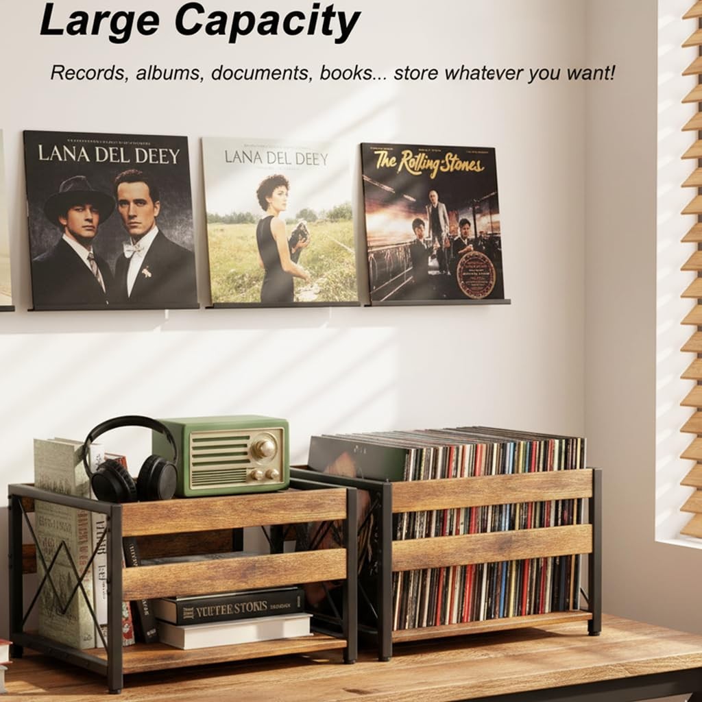 Y&M Vinyl Record Storage Crate, Wooden Cube Brown Black (1 Pack), Retro