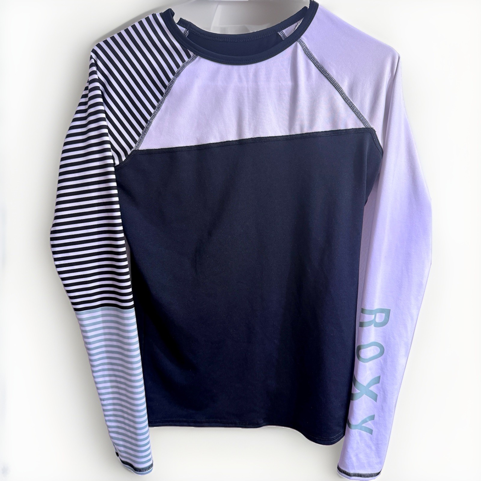 Roxy Black/White/Green Striped Rashguard Sun Protection Swim Shirt Size Médium