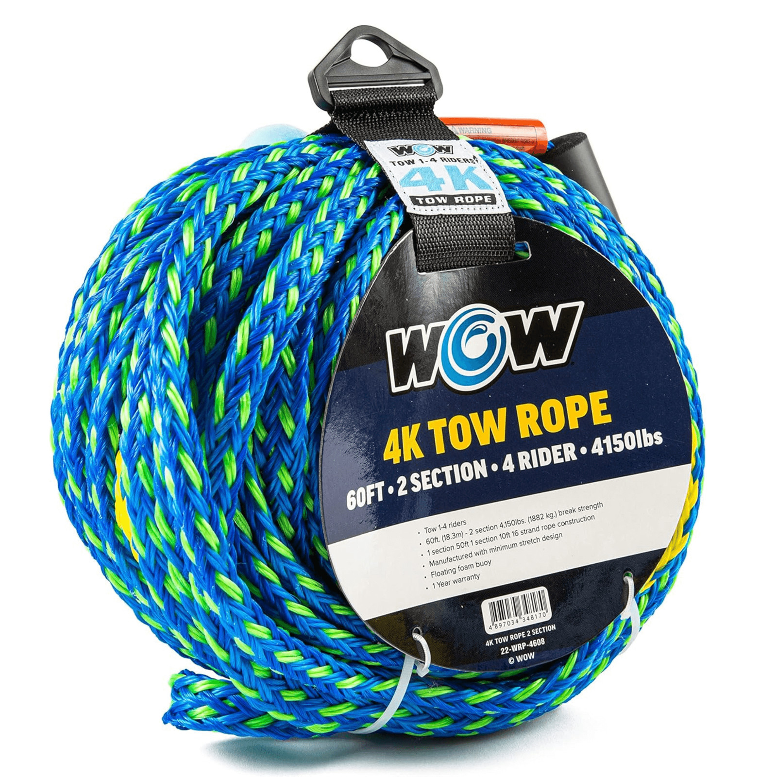 WOW Watersports 60ft 4-Rider 4K Tow Rope w 2 Sections for All Inflated Towables