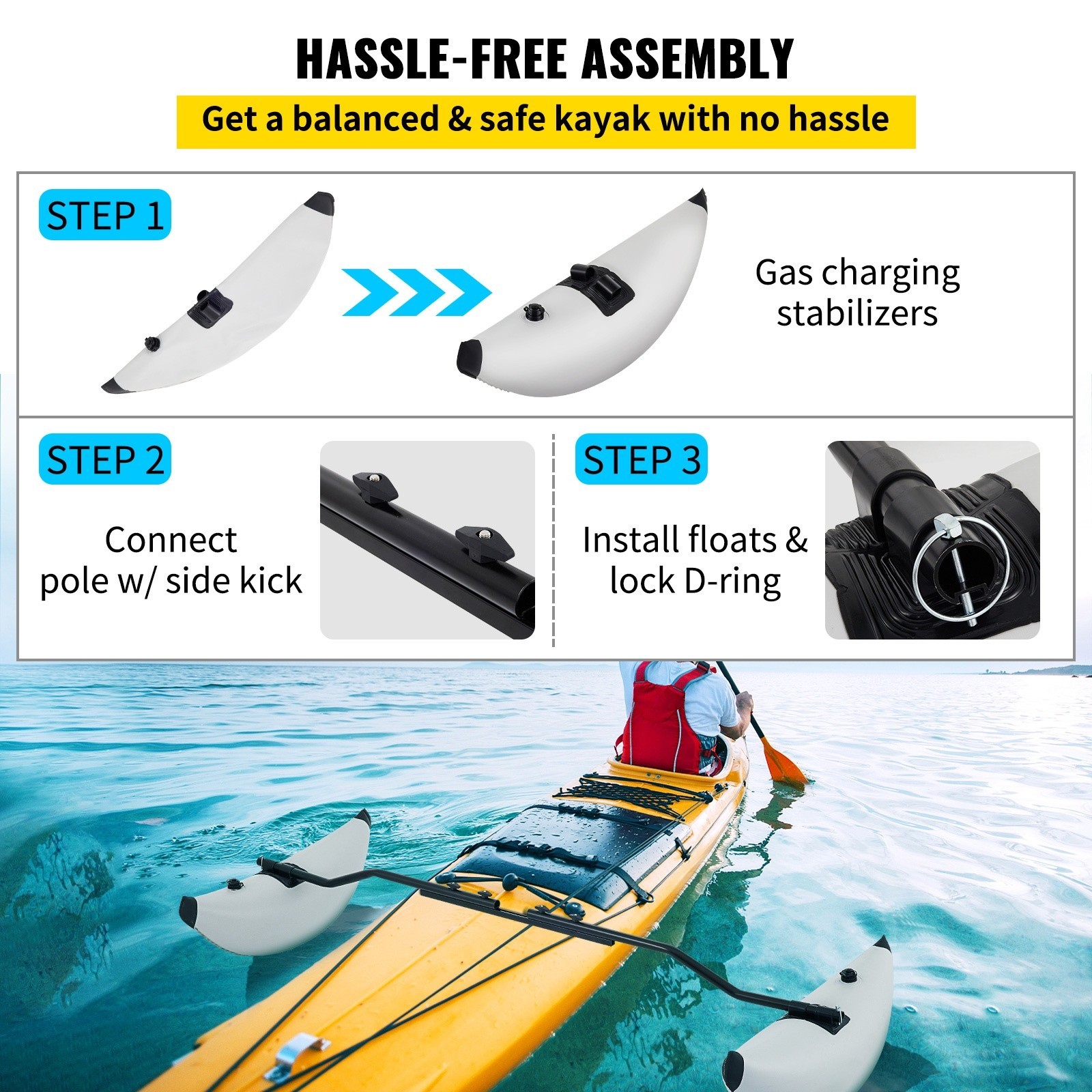 Kayak Outrigger Stabilizer, PVC Inflatable Outrigger Float w/ Sidekick Arms Rod