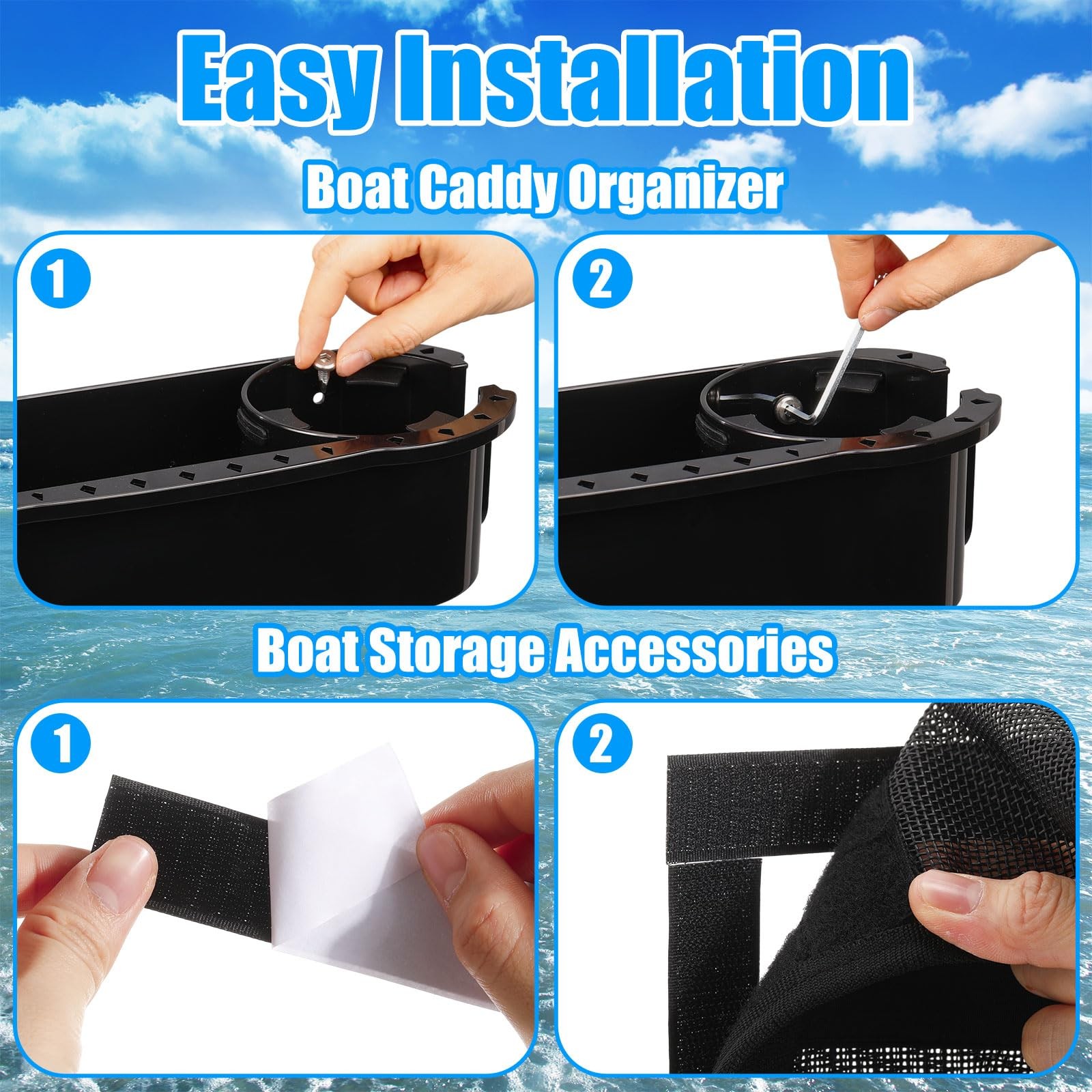 4 PCS Boat Cup Holders Caddy Organizer Mesh Storage Bag Kayak Pontoon Jon