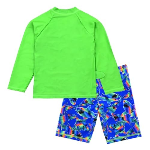 Boys UPF 50+ Long Sleeve Rash Guard and Swim Trunks Outfit Set 3-4T Green Shark
