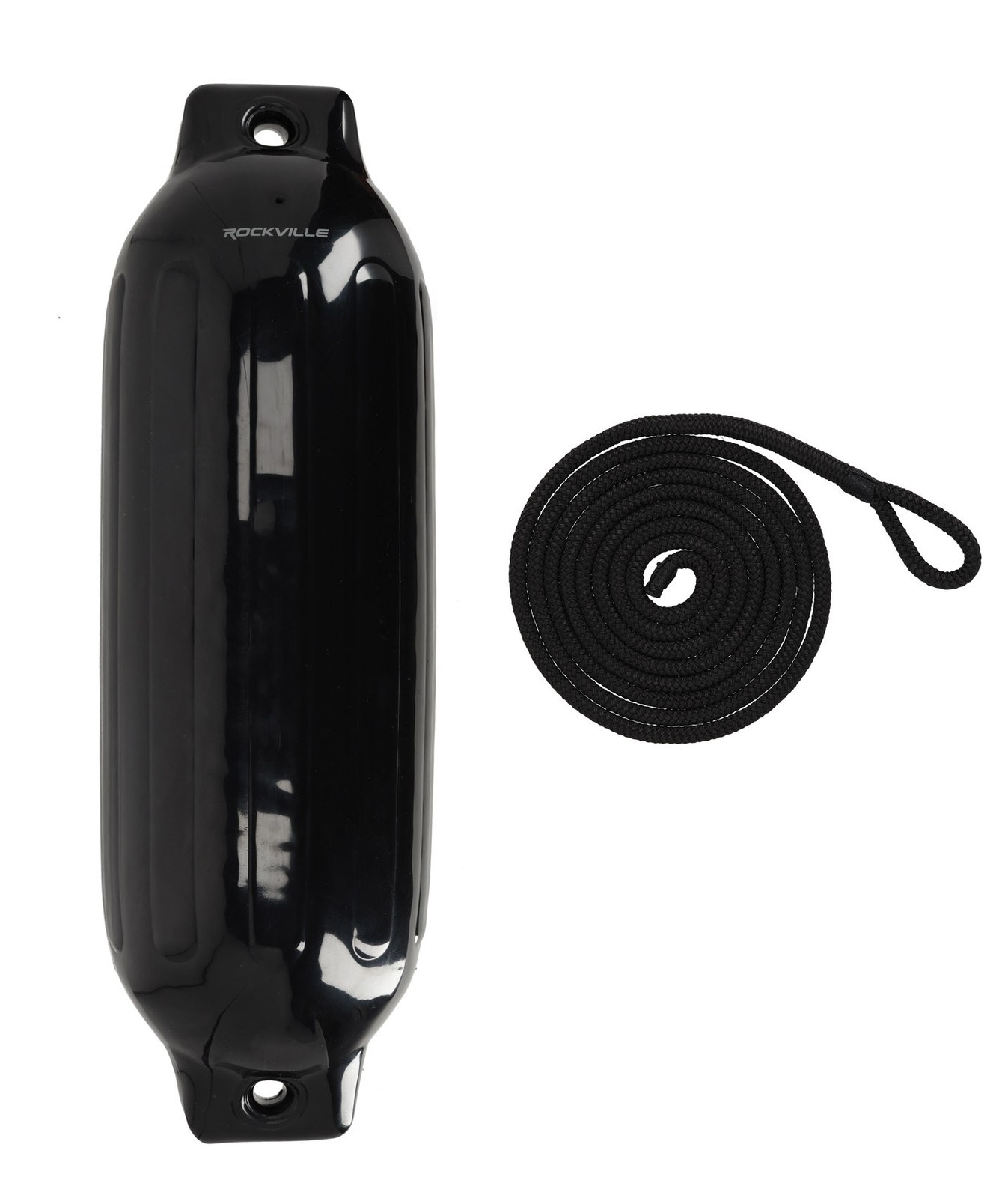 (2) Rockville FEN185-BLACK 8.5″ x 27″ Boat Fenders + 10 Foot Line Marine Bumpers