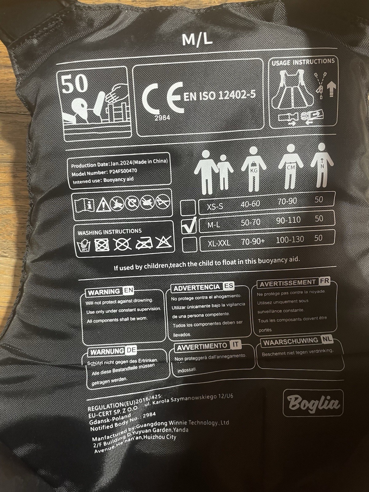 Boglia BFJ003 Swim Vest Fishing Jacket Size Med/L PVC Floatation Adjustable