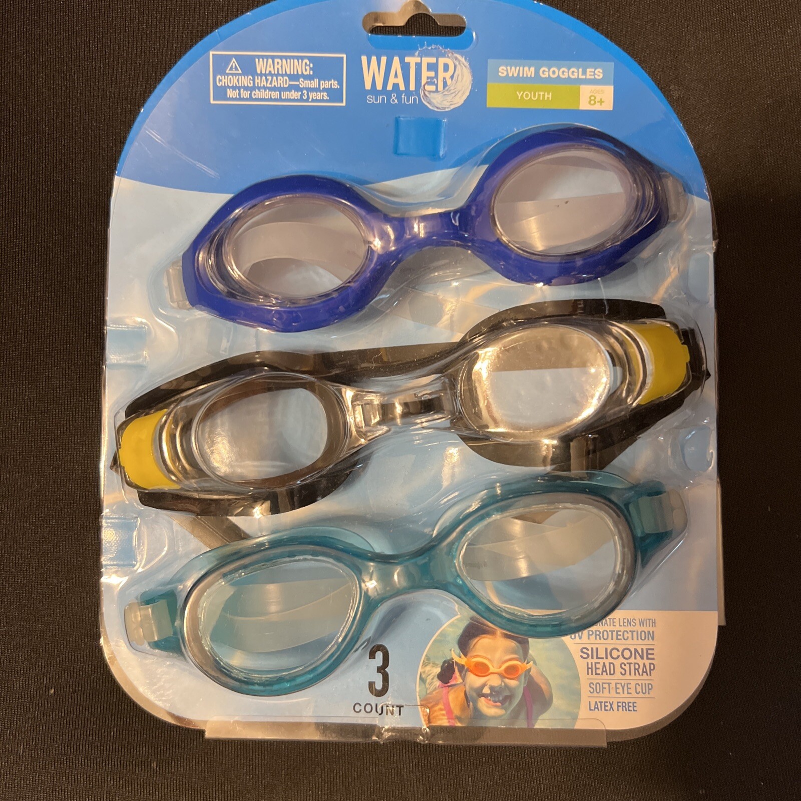 Kids Swim Goggles – 3 Count Youth Age 8+ Silicone Head Strap Soft Eye Cup New
