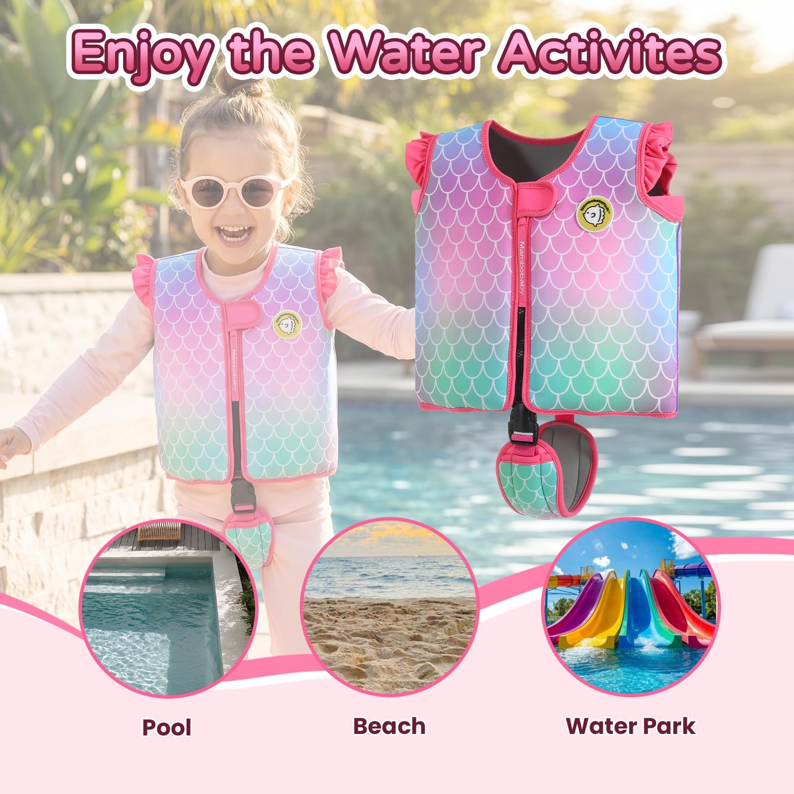 Mambobaby Toddler Swim Vest with Built-in Detachable L (5-6 Years), Mermaid