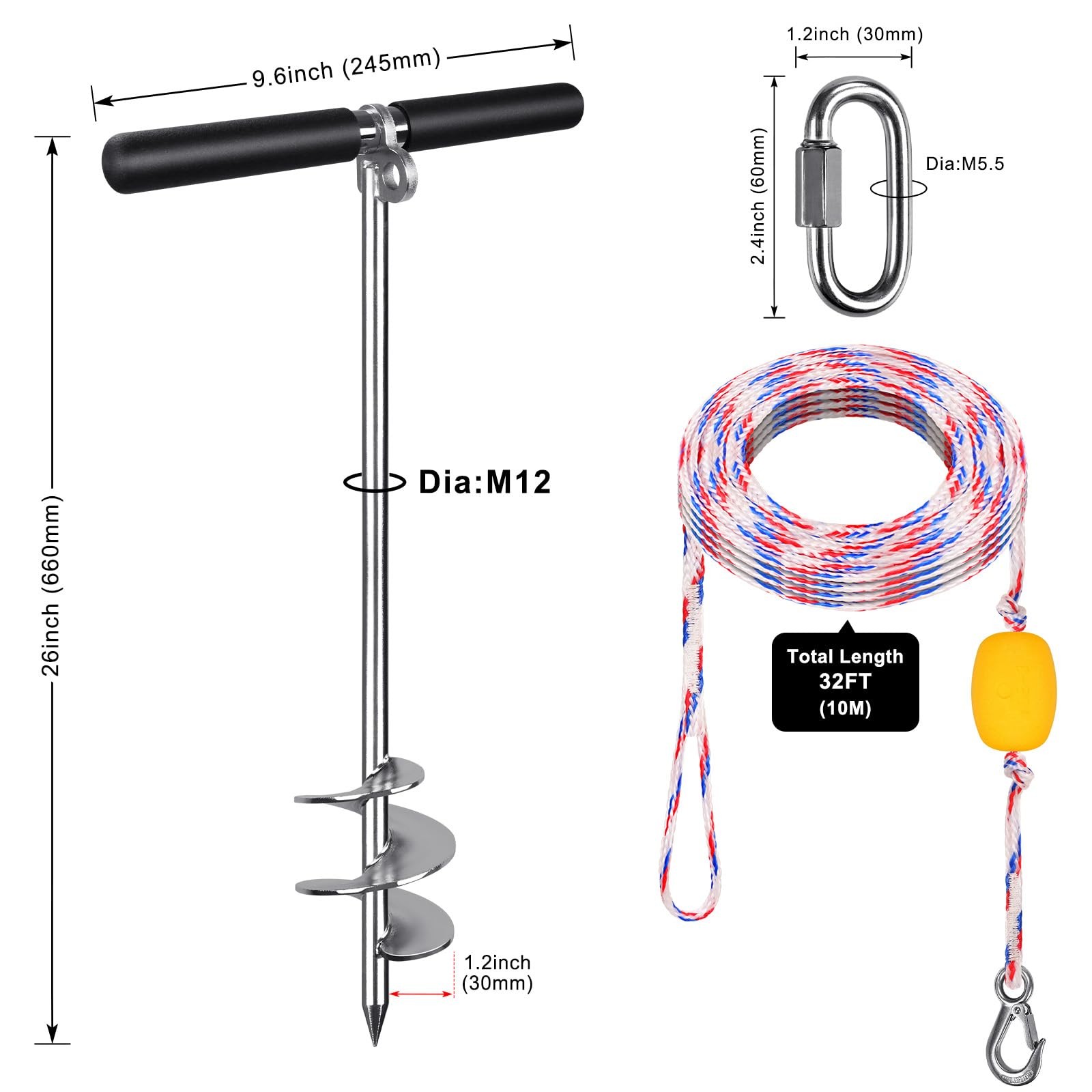 26” Sand Anchor for Boat with 32ft Rope, 304 Stainless Steel Boat Sand Ancho…