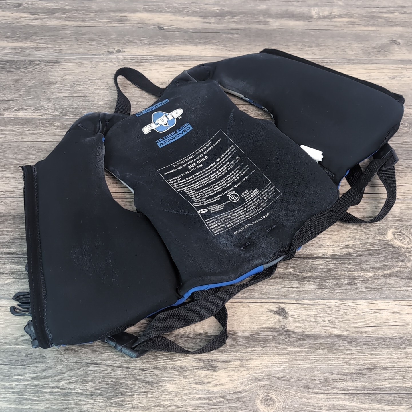 Life Jacket Ski Vest 30-50 Lbs Fluid Type III Blue Gray Black Water Safety