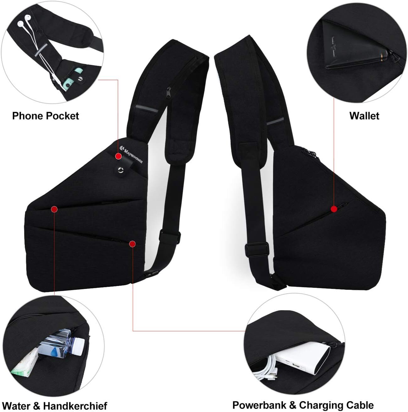 MAYMOONER Men Small Sling Shoulder Crossbody Bag Anti-theft One Strap Black