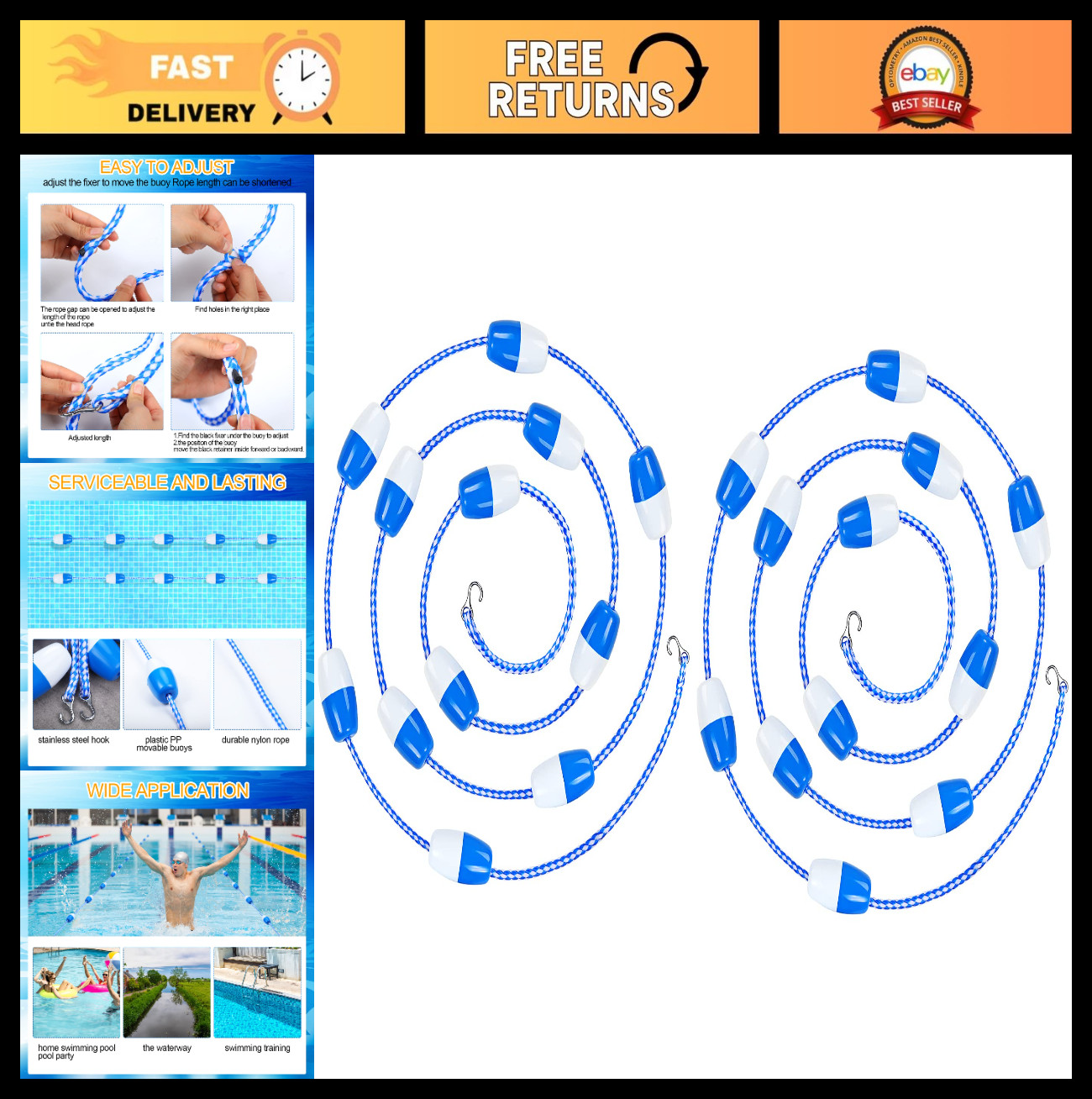 2 Pack Adjustable Swimming Pool Safety Divider Rope 16-20ft with Hooks & Buoys