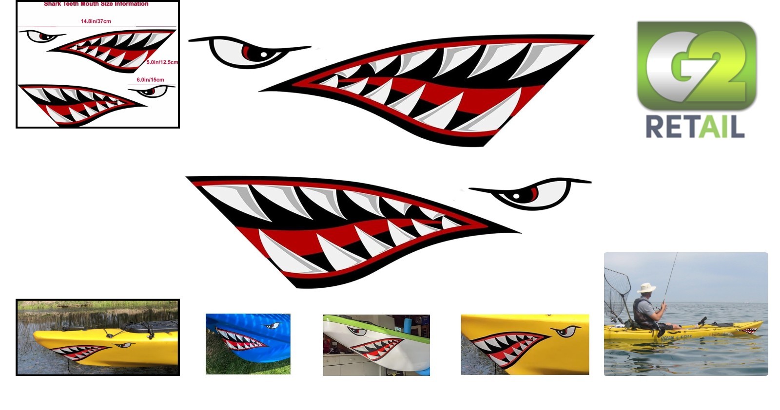2 Pieces Shark Teeth Mouth Kayak Stickers, Waterproof DIY Funny Shark Teeth Mout