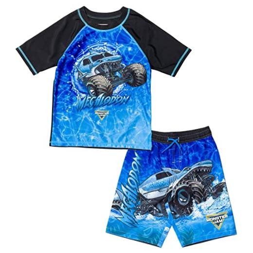 UPF 50+ Pullover Rash Guard and Swim Trunks Outfit Set 3T Megalodon, Blue