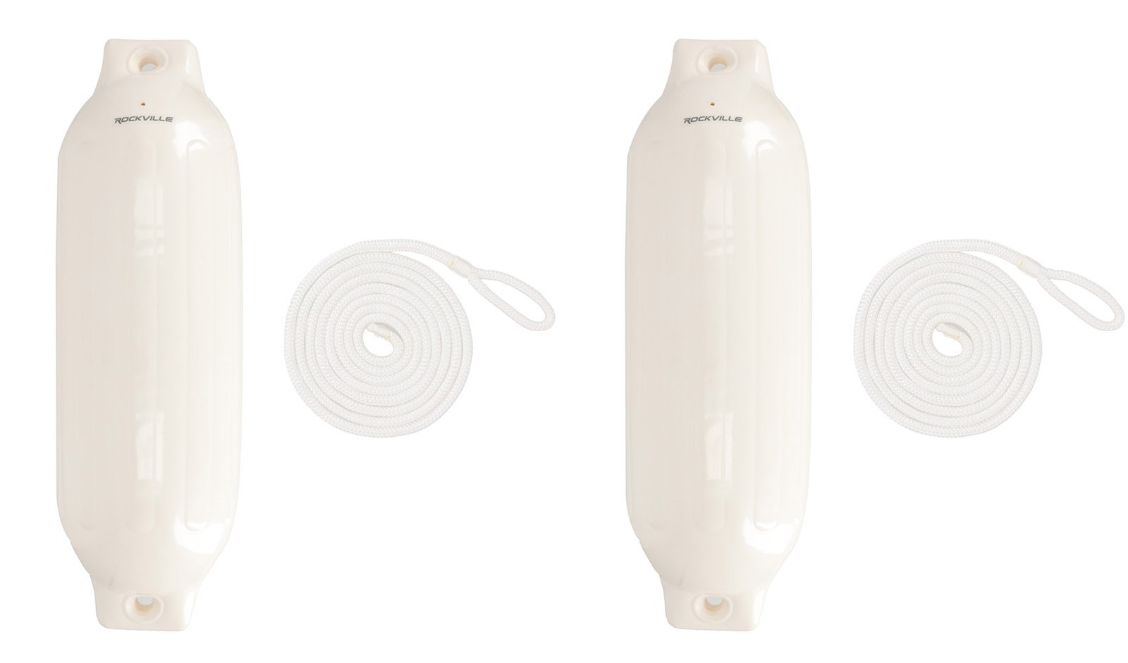 (2) Rockville FEN185-WHITE 8.5″ x 27″ Boat Fenders + 10 Foot Line Marine Bumpers