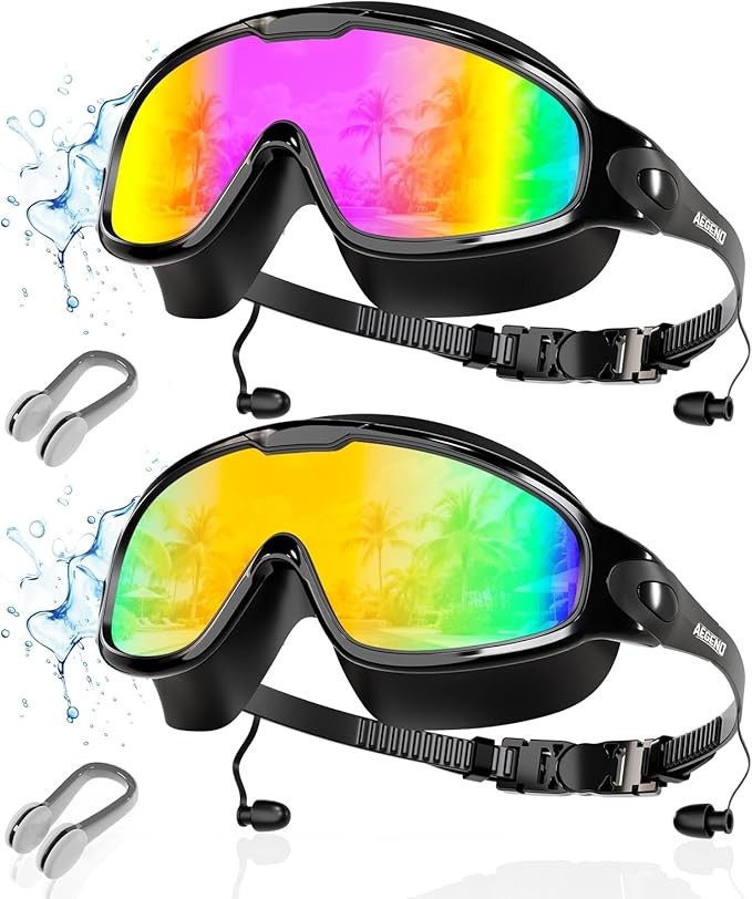 2 Pack Swimming Goggles with Earplugs Anti Fog No Leak Quick Release Men Women