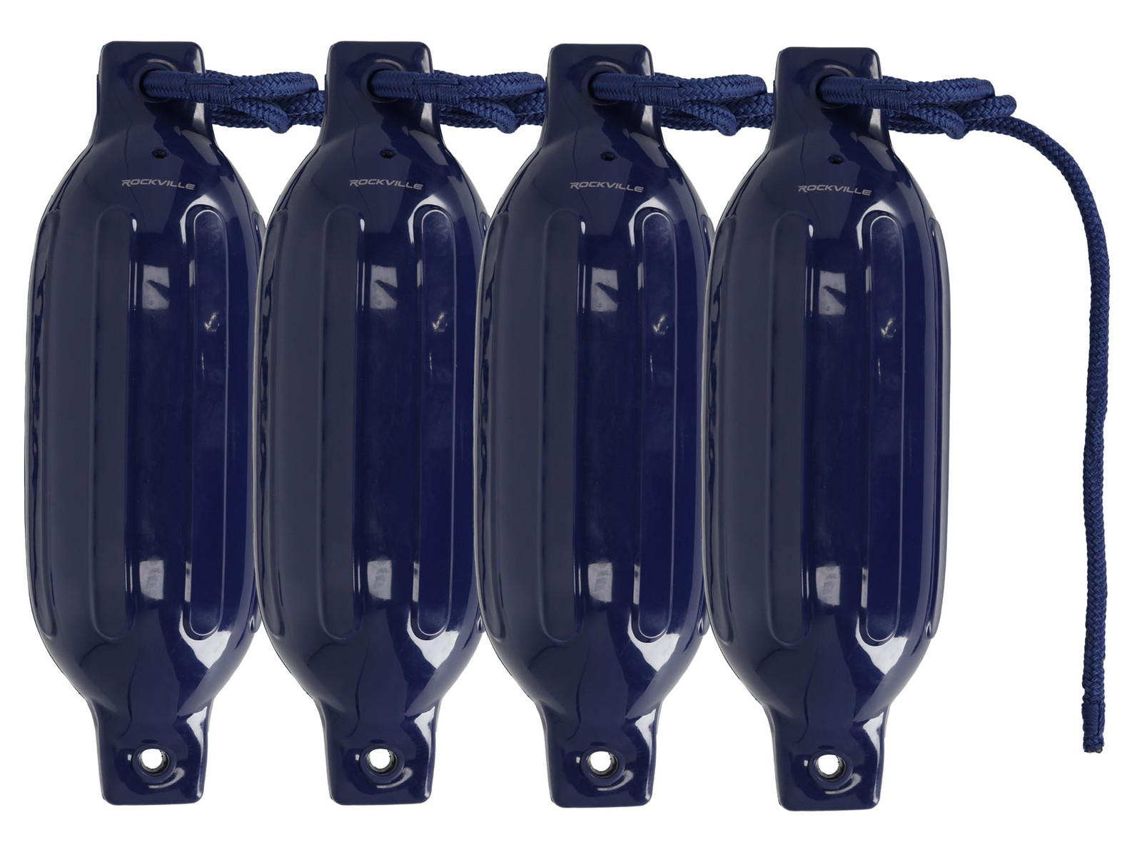 Rockville FEN445-NAVY BLUE Boat Fender Package 4 Bumpers 4.5″x16″, 4 Lines+Pump