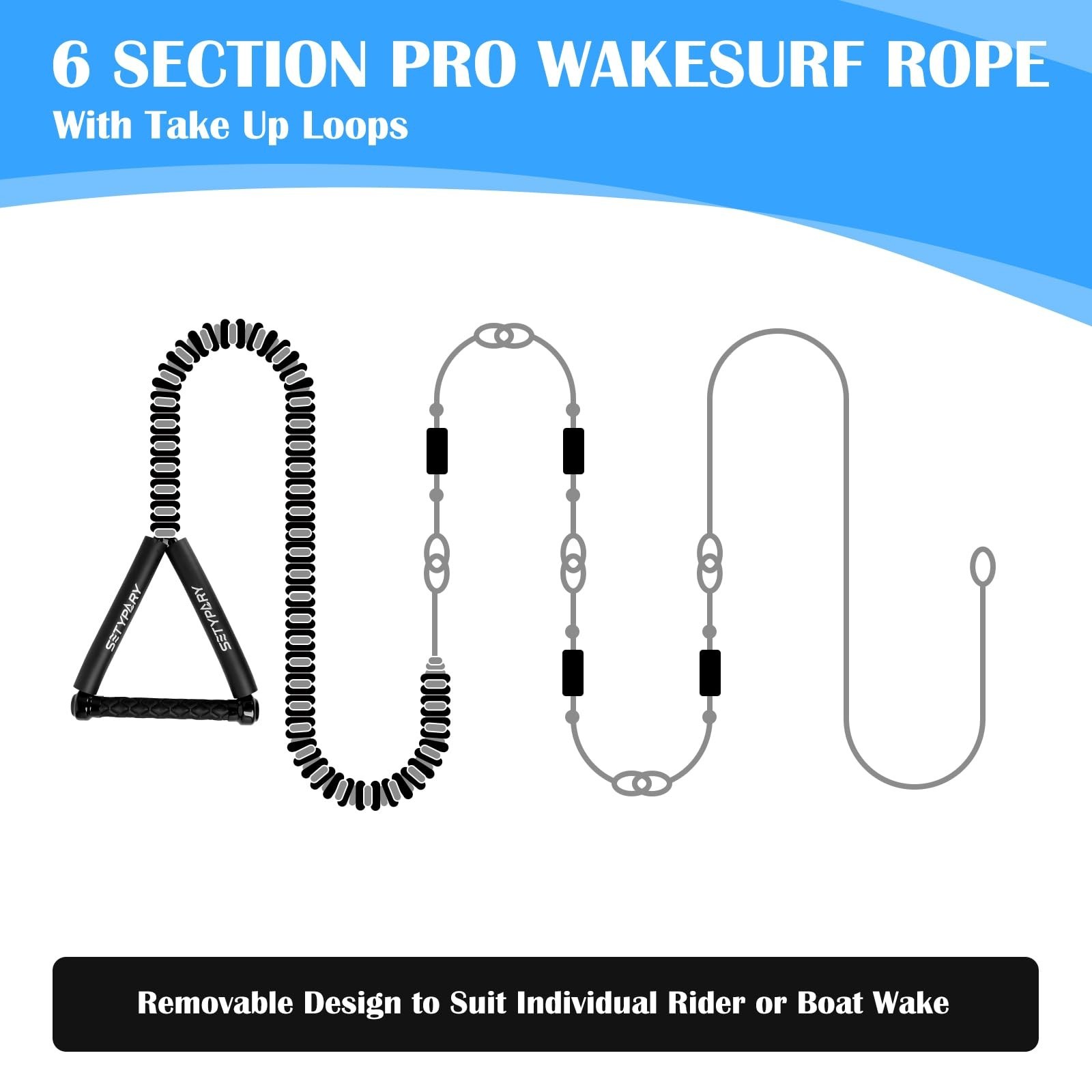 25Ft Wakesurf Rope and Handle, Floating Wake Surf, 6 Section Removeable Surf Tow