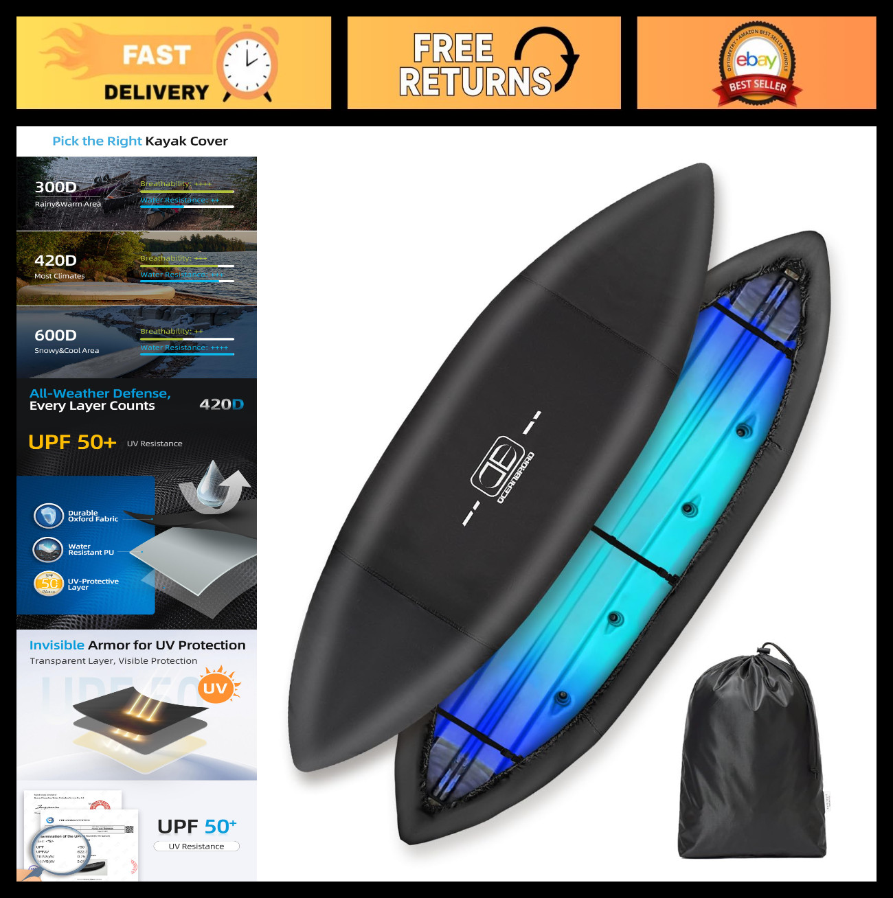 Water-Resistant Kayak Cover, UV-Proof Canoe Dust Cover for 10.8-12ft Kayaks, 420