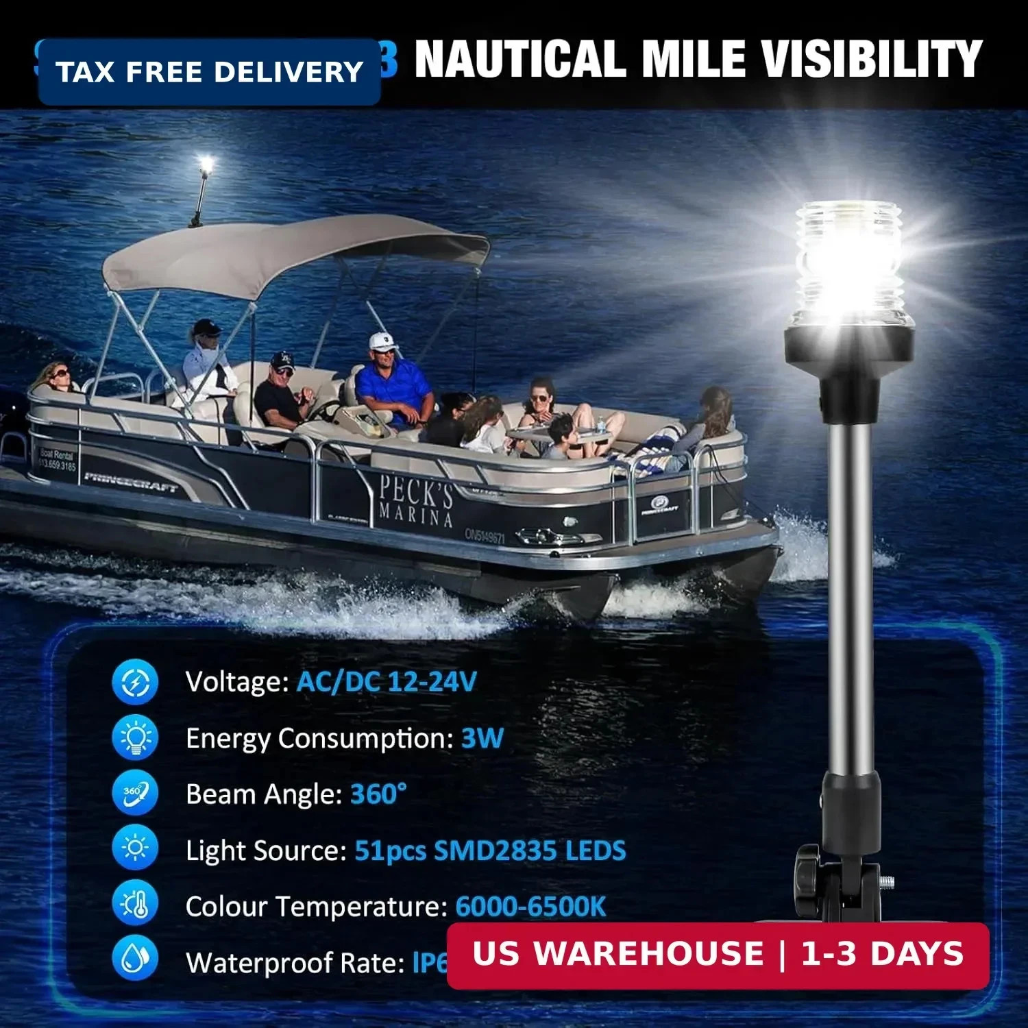 12 Inch Stern Light Bimini Top Anchor Light, LED Pontoon Navigation Lights Water