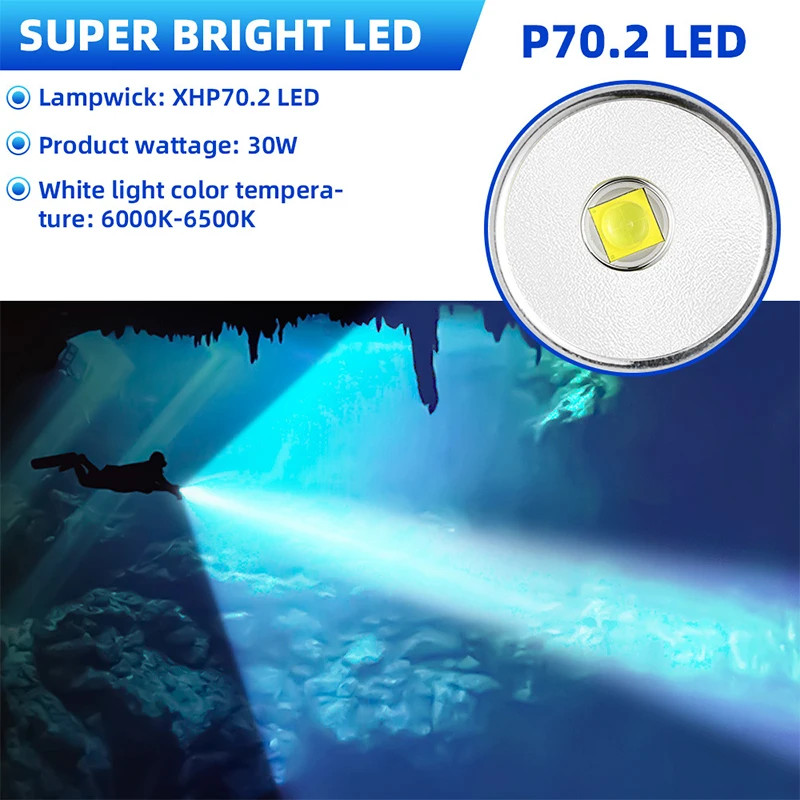 300000LM Professional Diving P70 Flashlight Underwater 200M Spearfishing Torch