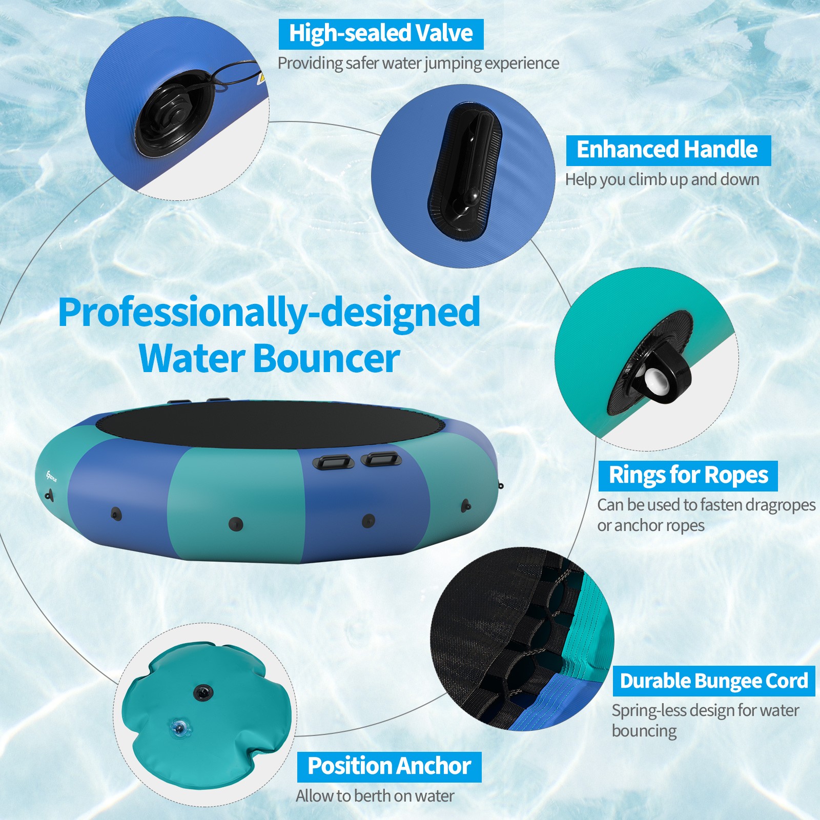 Goplus 15FT Inflatable Water Bouncer Splash Padded Water Trampoline Blue & Green