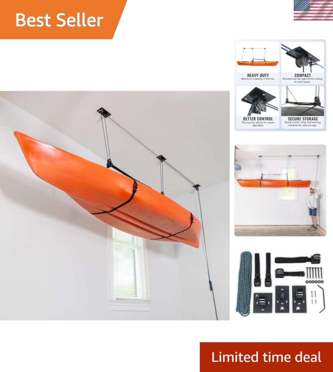 150 lbs Durable Garage Storage Hoist for Kayaks, Canoes & Paddleboards, 10-14 ft