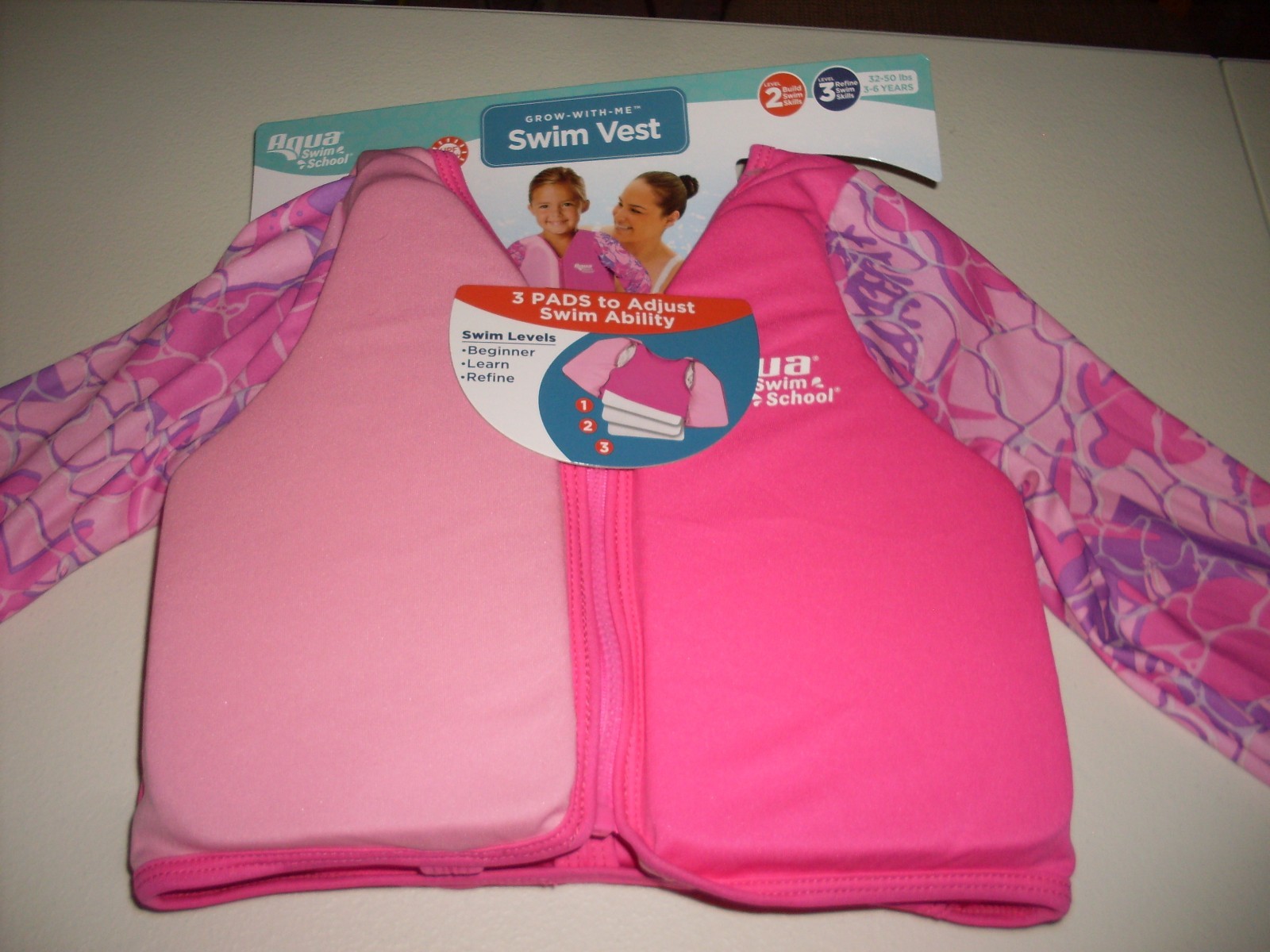 AQUA SWIM SCHOOL GROW WITH ME SWIM VEST UPF50 3-6 YEARS 32-50 LBS LEVEL 2 NWT