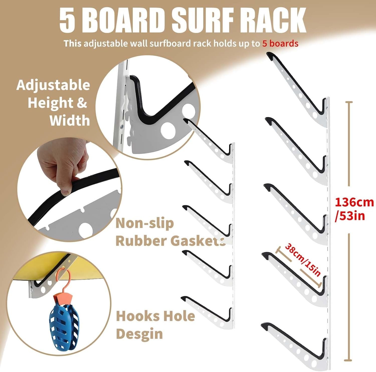 5 Board Surfboard Rack, Adjustable Surf Rack for Surfboard, Wakeboard, Snowbo…
