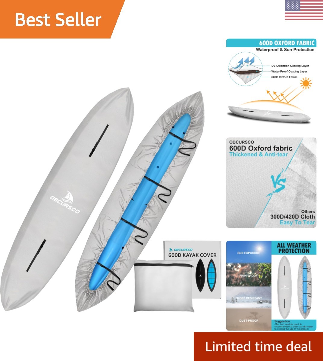Versatile 600D Kayak Cover 10.8-12FT, Waterproof & UV-Proof for All Conditions