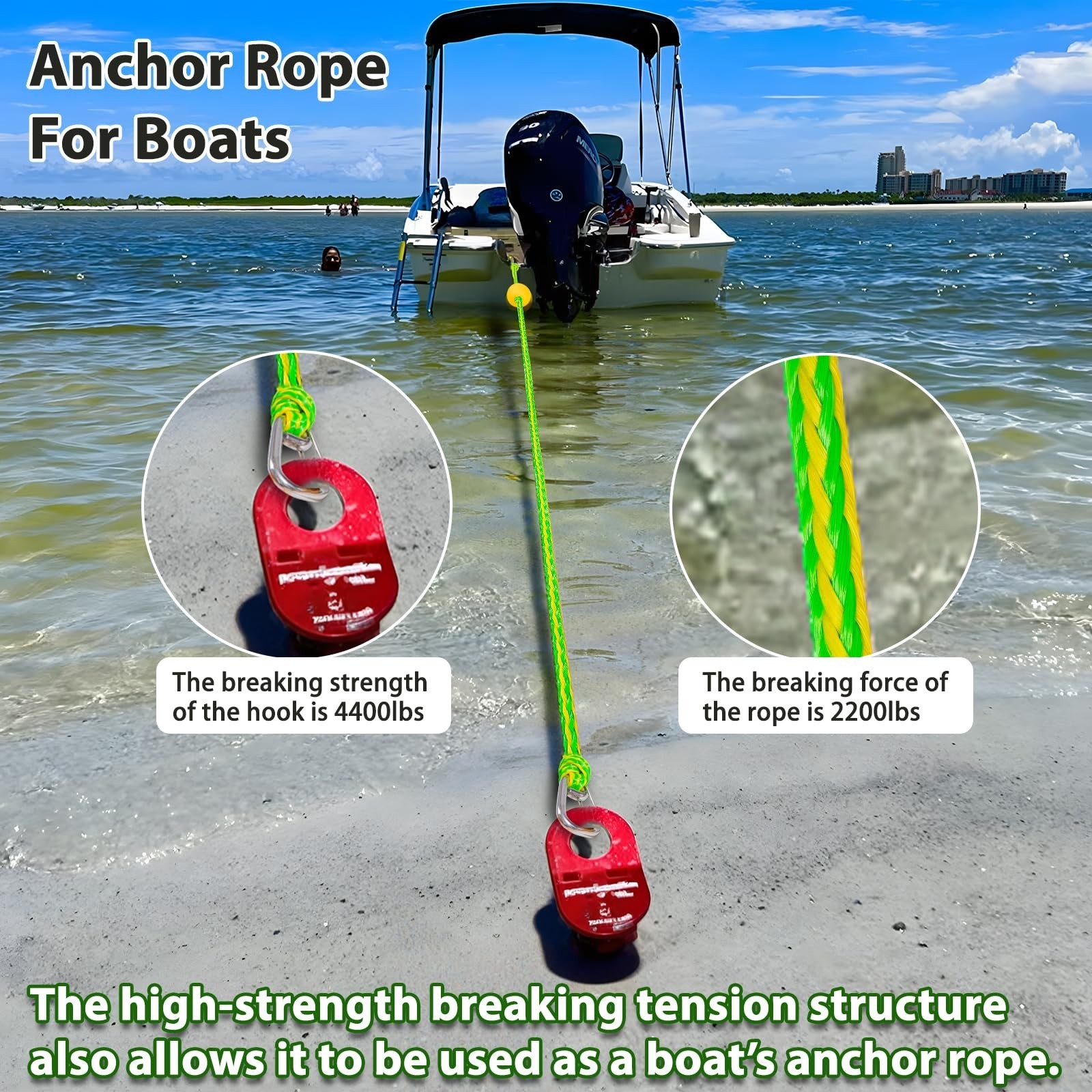 40FT Floating Tow Rope & Anchor Line for Jet Ski Rescue, PWC Recovery, 2200 lbs