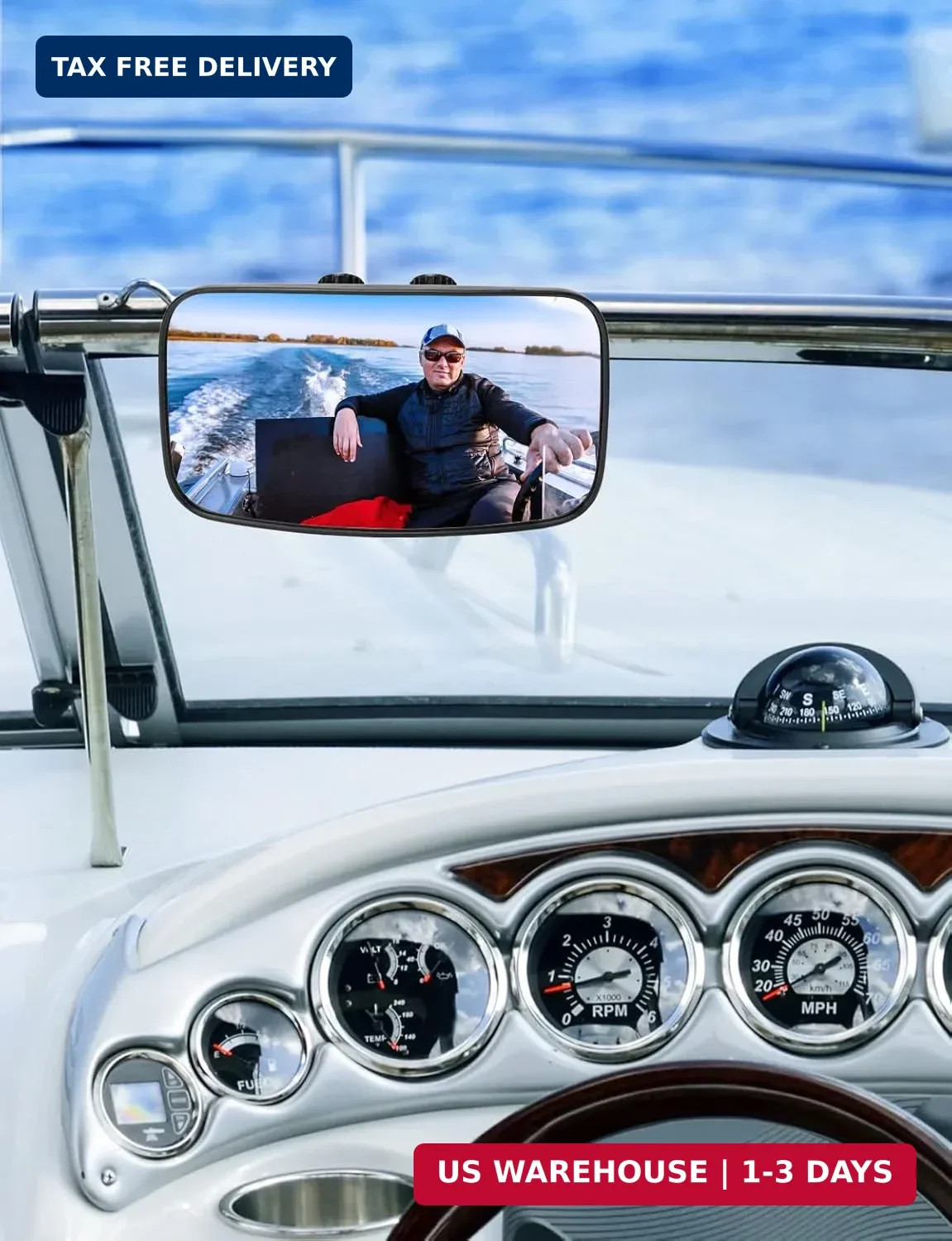 KEMIMOTO Boat Rear View Mirror, Upgrade Marine Mirror with 300° Curved Surface,