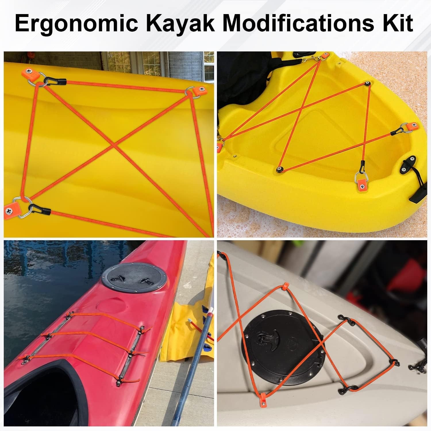 Kayak Deck Rigging Kit 1/4in Bungee Cord 9.8ft 6 D Rings 4 J Hooks Orange