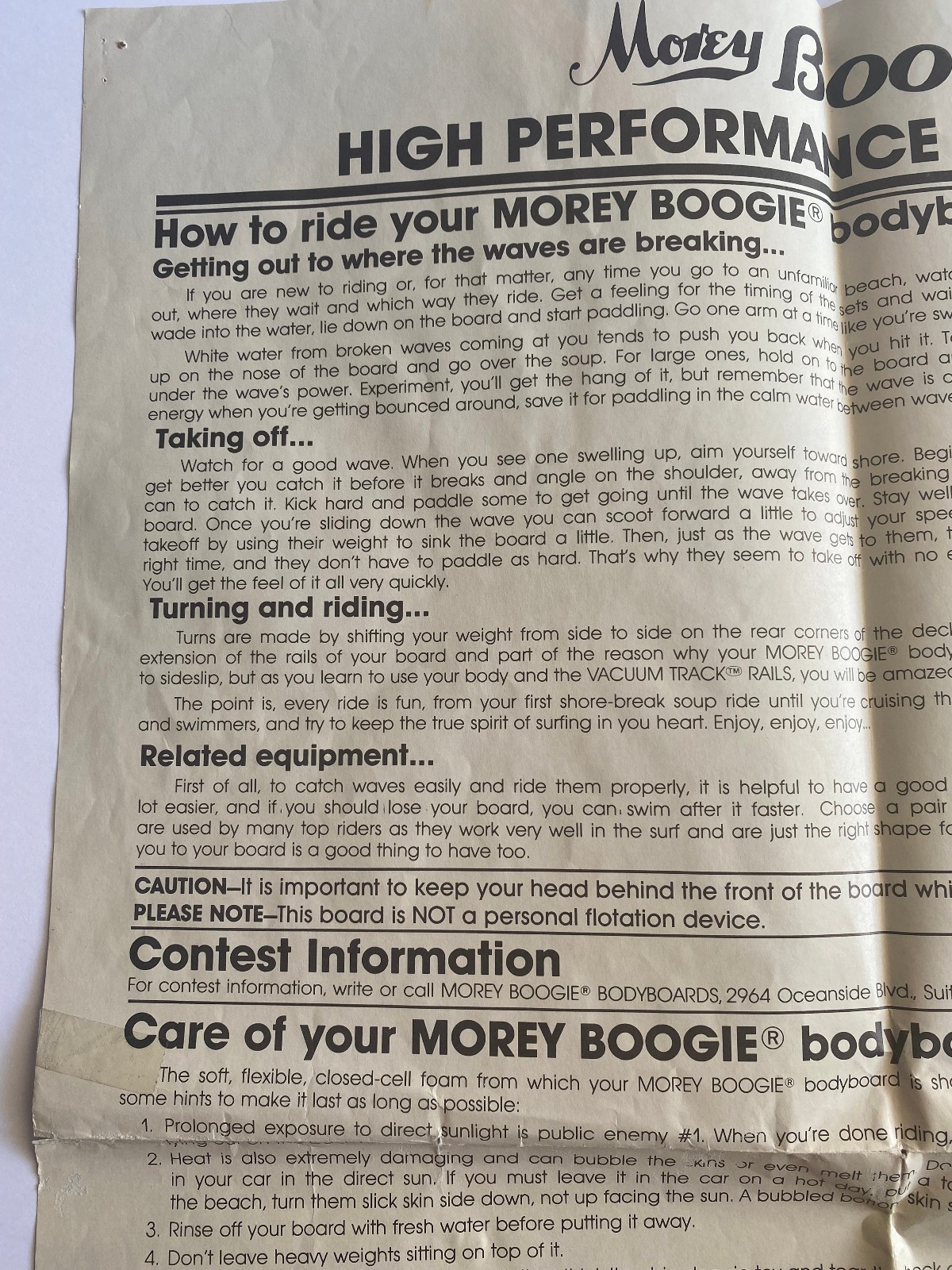 Vintage 1980s Morey Boogie Board Bodyboard Mach 7-7 Instruction Sheet Poster