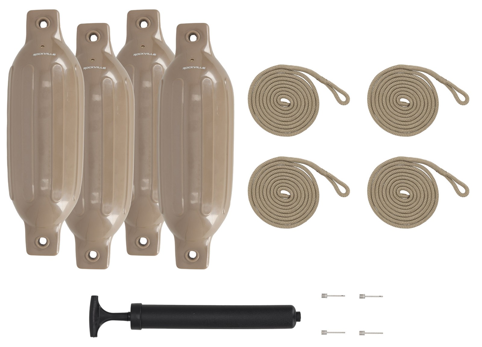 Rockville FEN445-SAND Boat Fender Package 4 Bumpers 4.5″x16″, 4 Lines + Pump