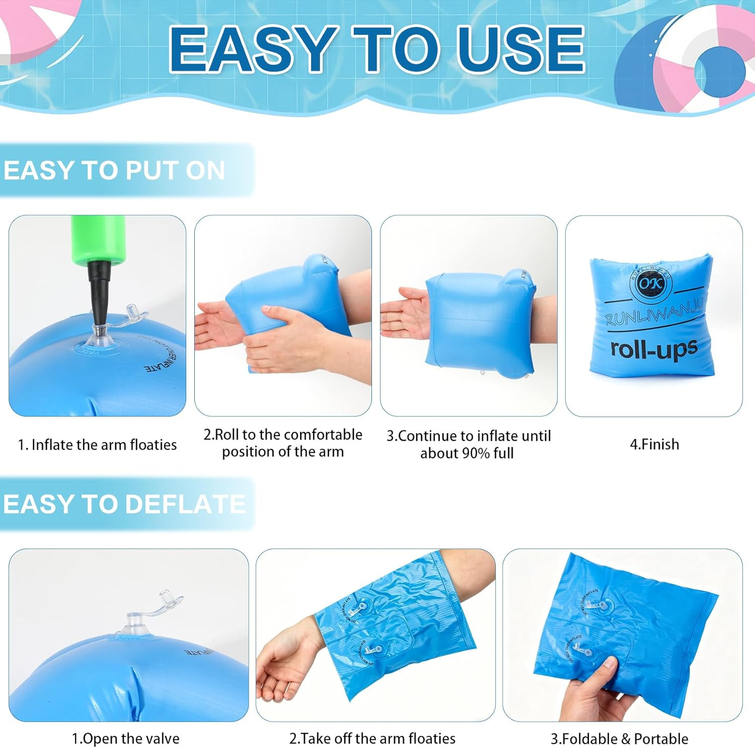 2 Pack Inflatable Arm Floaties Swim Arm Bands Water Wings for Kids Adults