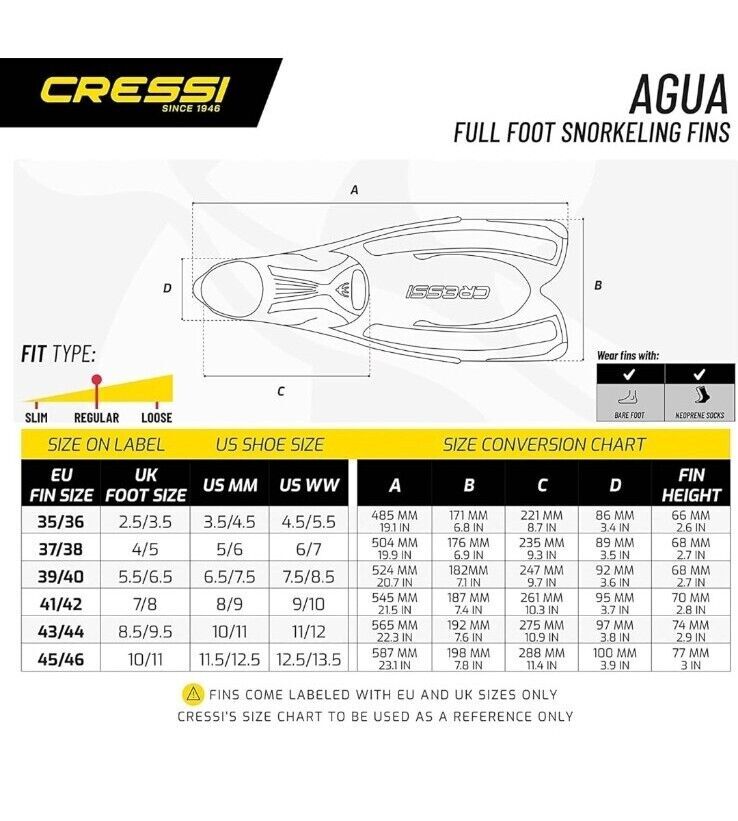 NEW Cressi Agua Snorkel / Swim Fins – Black/Gray – Full Foot Multiple Sizes
