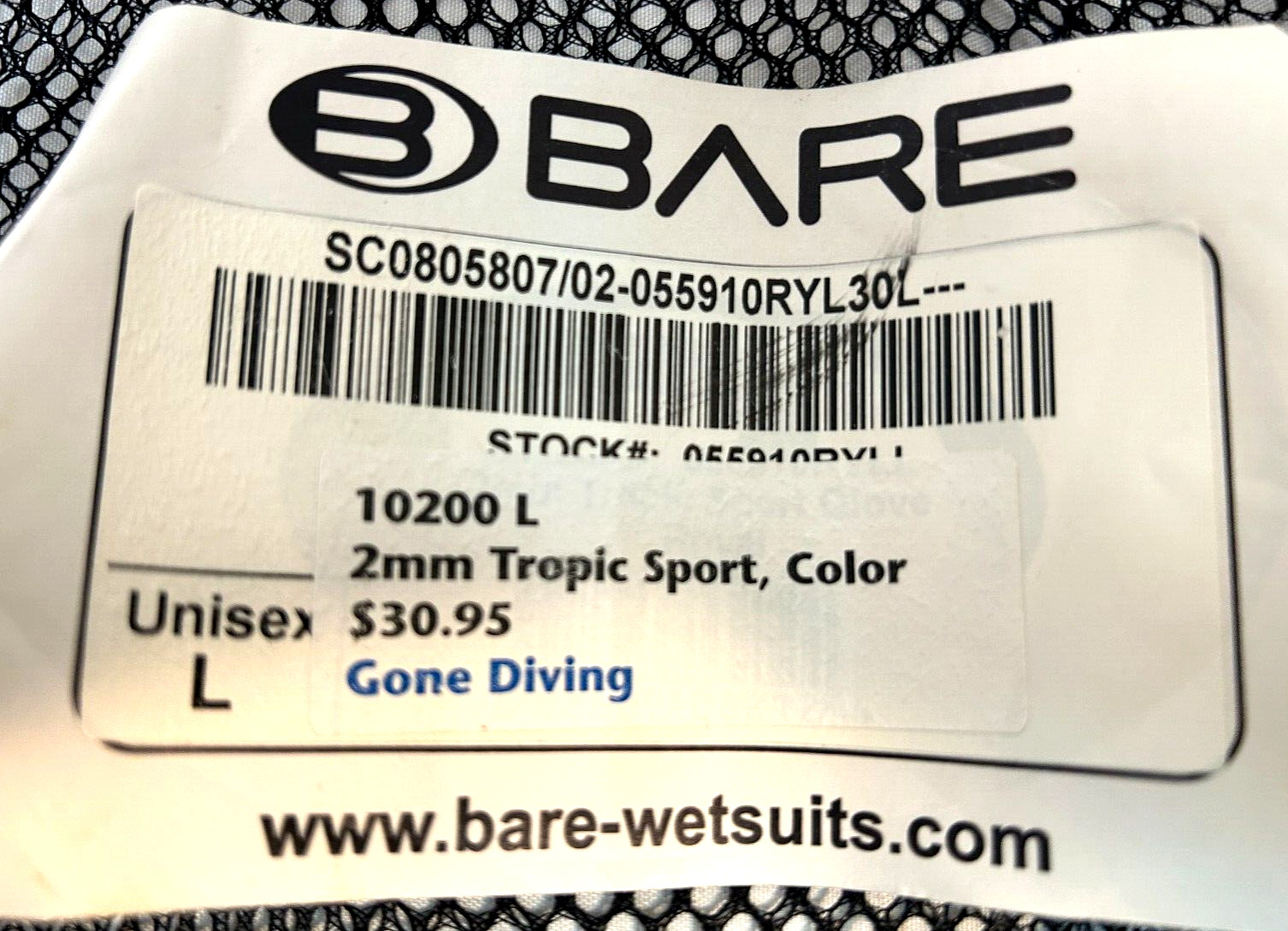 BARE ~ Diving Gloves 10200 L ~ 2mm Tropic Sports Blue/Black/Gray ~ Unisex