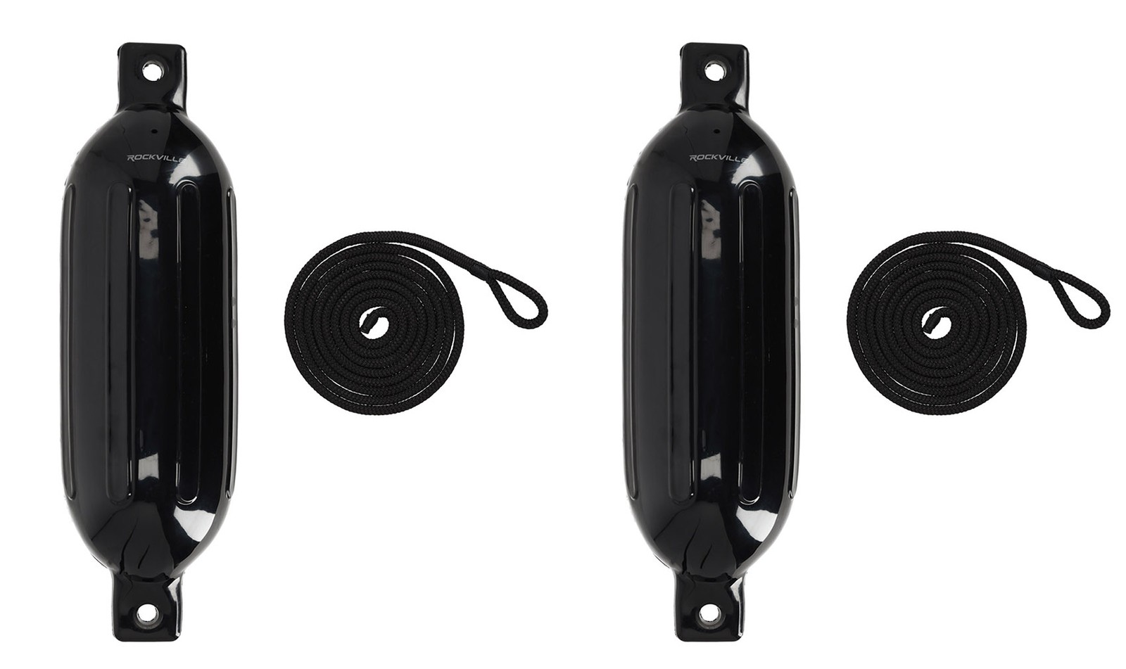 (2) Rockville FEN165-BLACK 6.5″x23″ Boat Fenders + 10 Foot Line Marine Bumpers