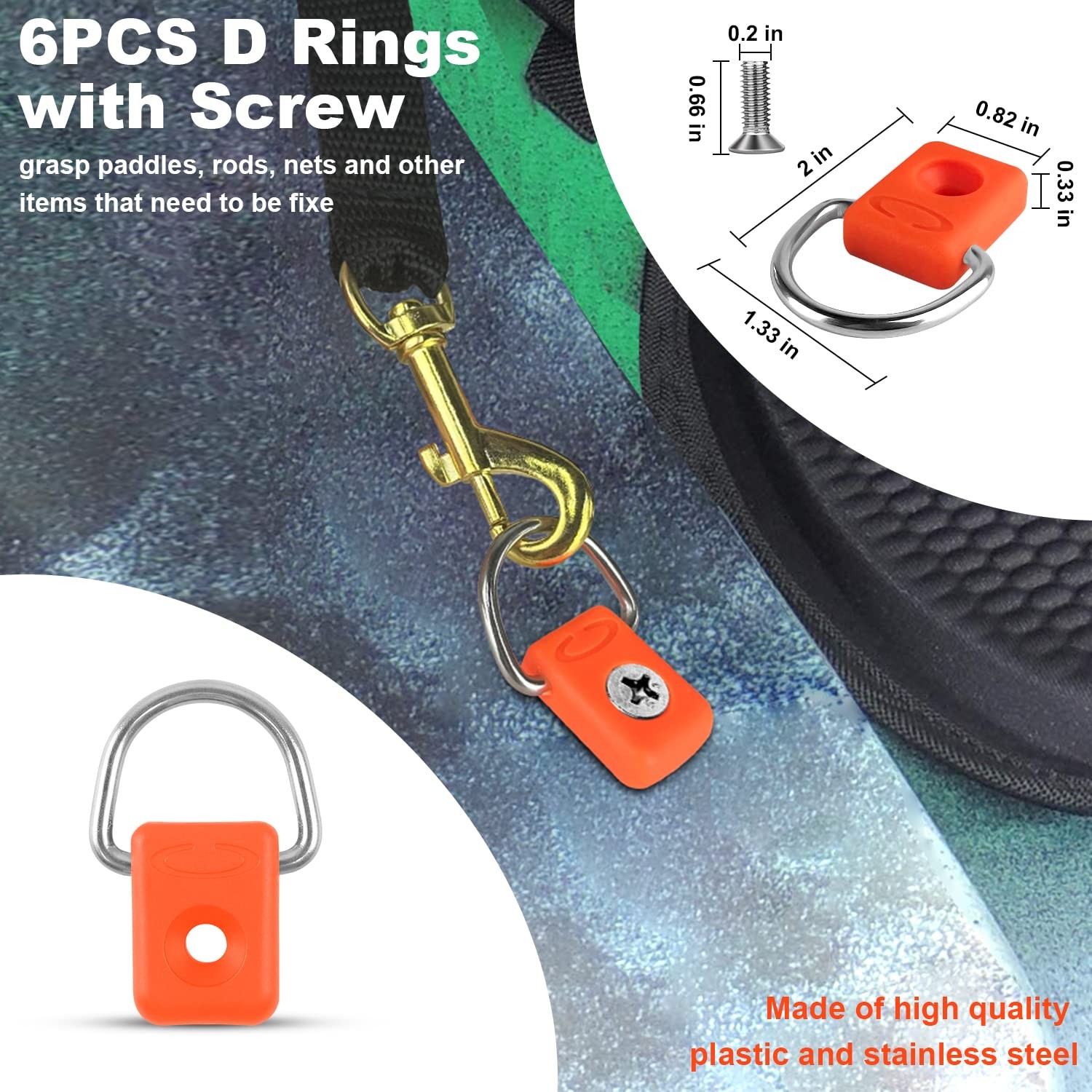 Kayak Deck Rigging Kit 1/4 Inch 9.8 Ft Bungee Cord D Rings Hooks Orange