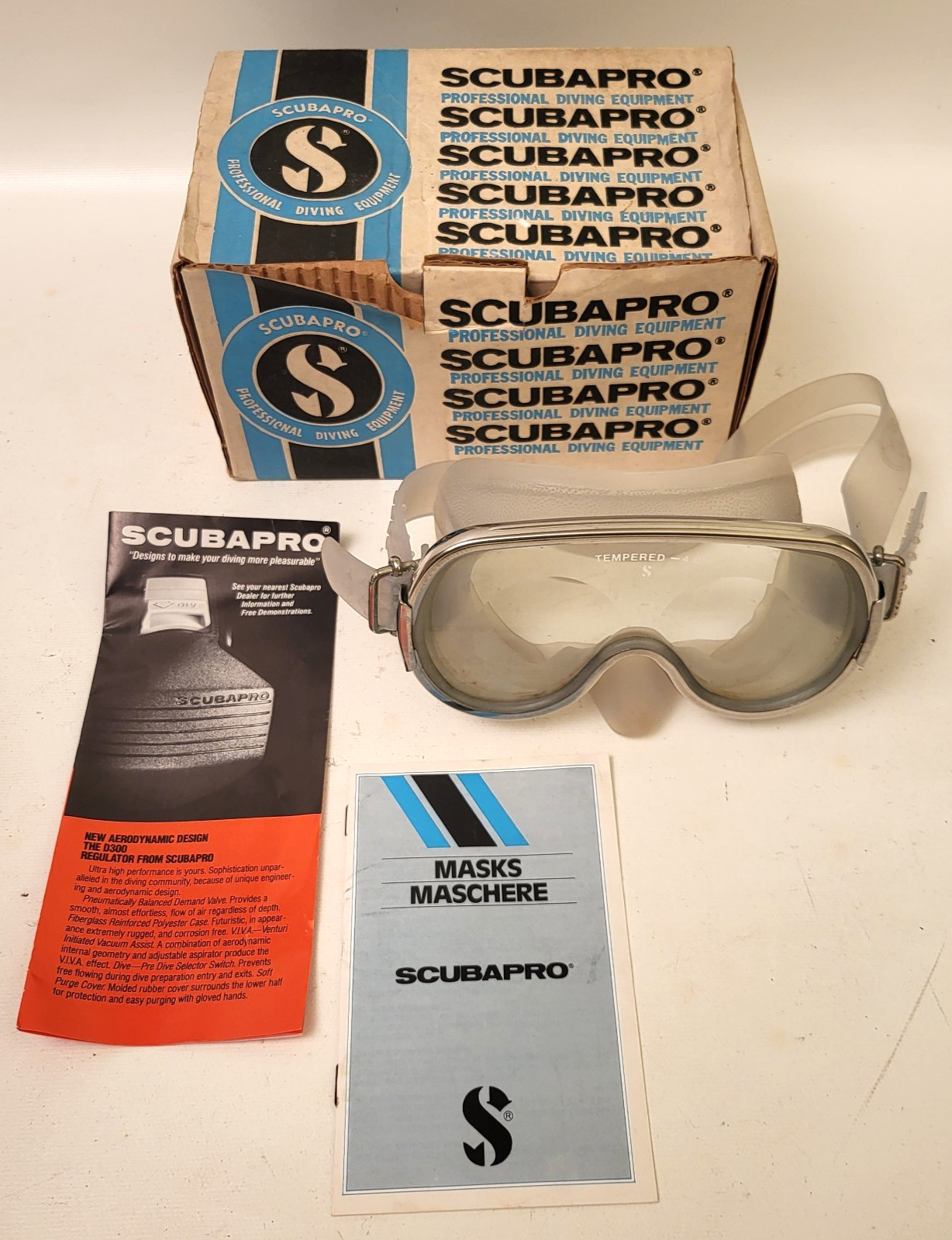 Vintage Scubapro Chrome & Tempered Glass Pro Scuba Snorkel Diving Goggles w/Box