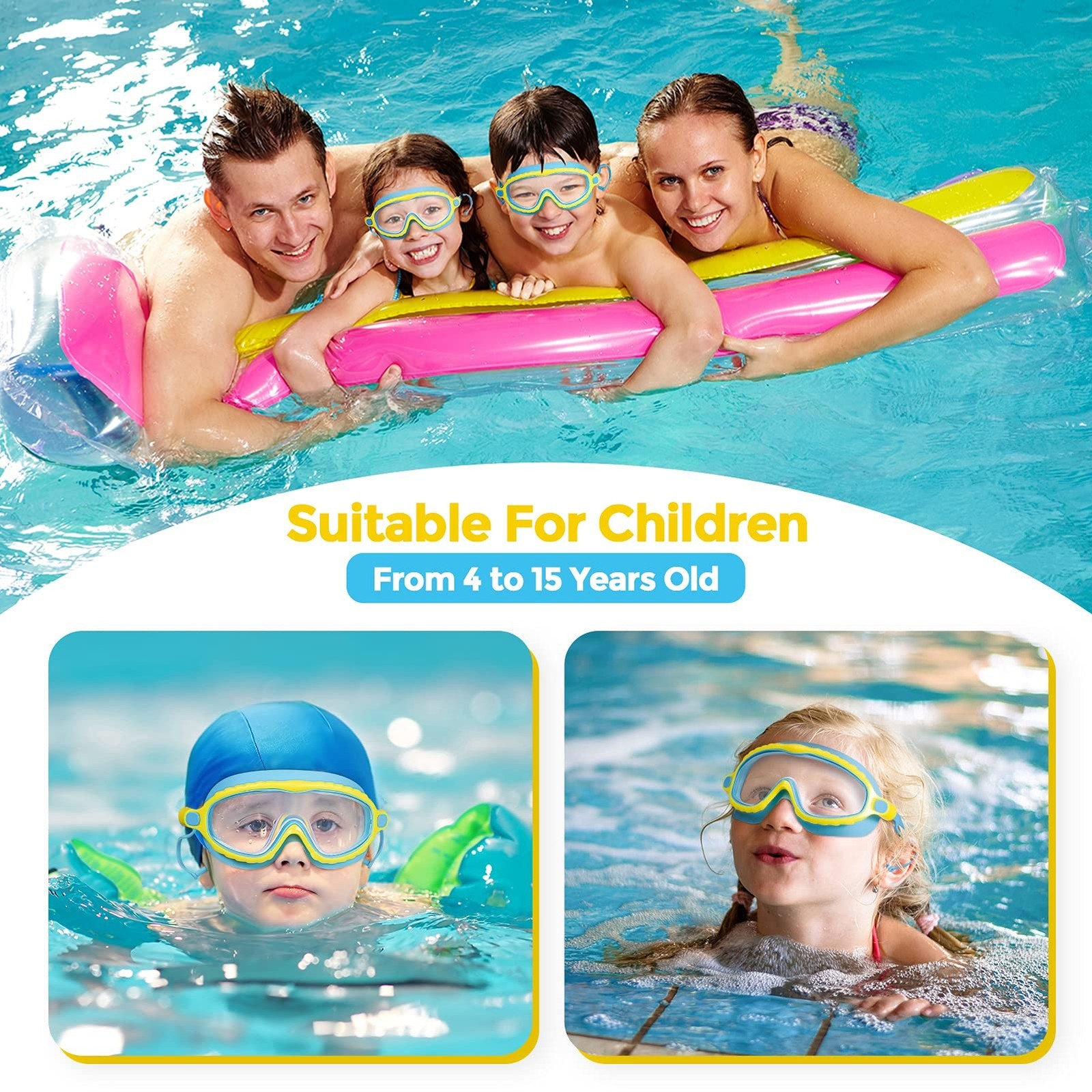 Portzon Wide View Swim Goggles, Unisex-Child Anti Fog Clear No Leaking Swimmi…