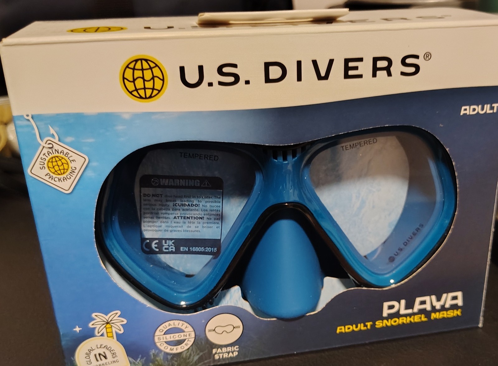 U.S. Divers Playa Adult Snorkel Mask Blue, Fabric Strap, Tempered Glass Lens