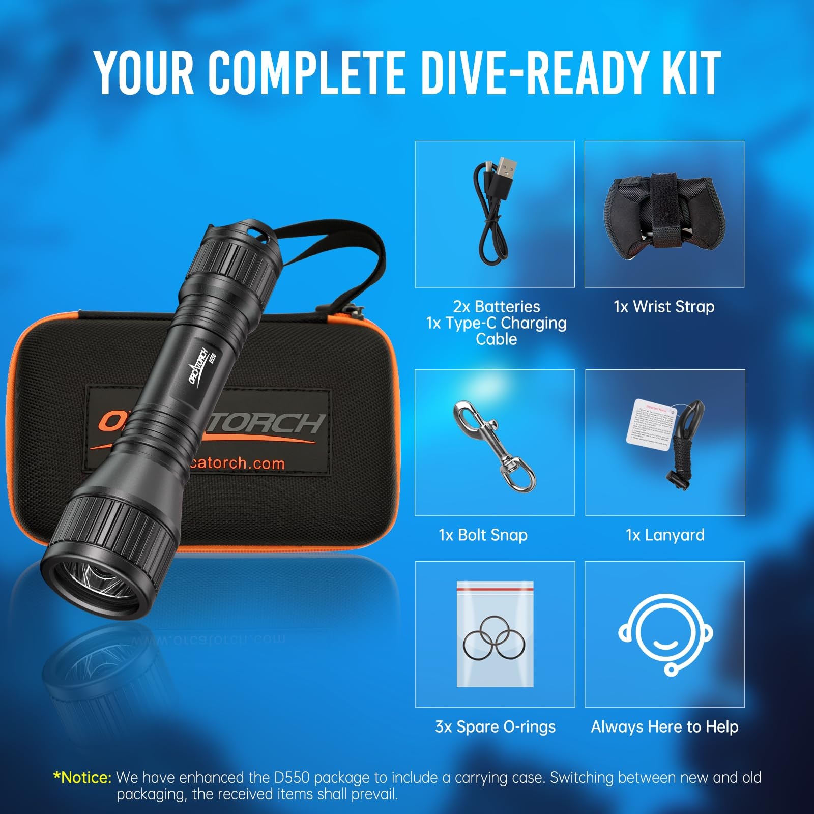 Orcatorch D550 Scuba Dive Light 1000 Lumens Underwater Flashlight 3 Modes Tail
