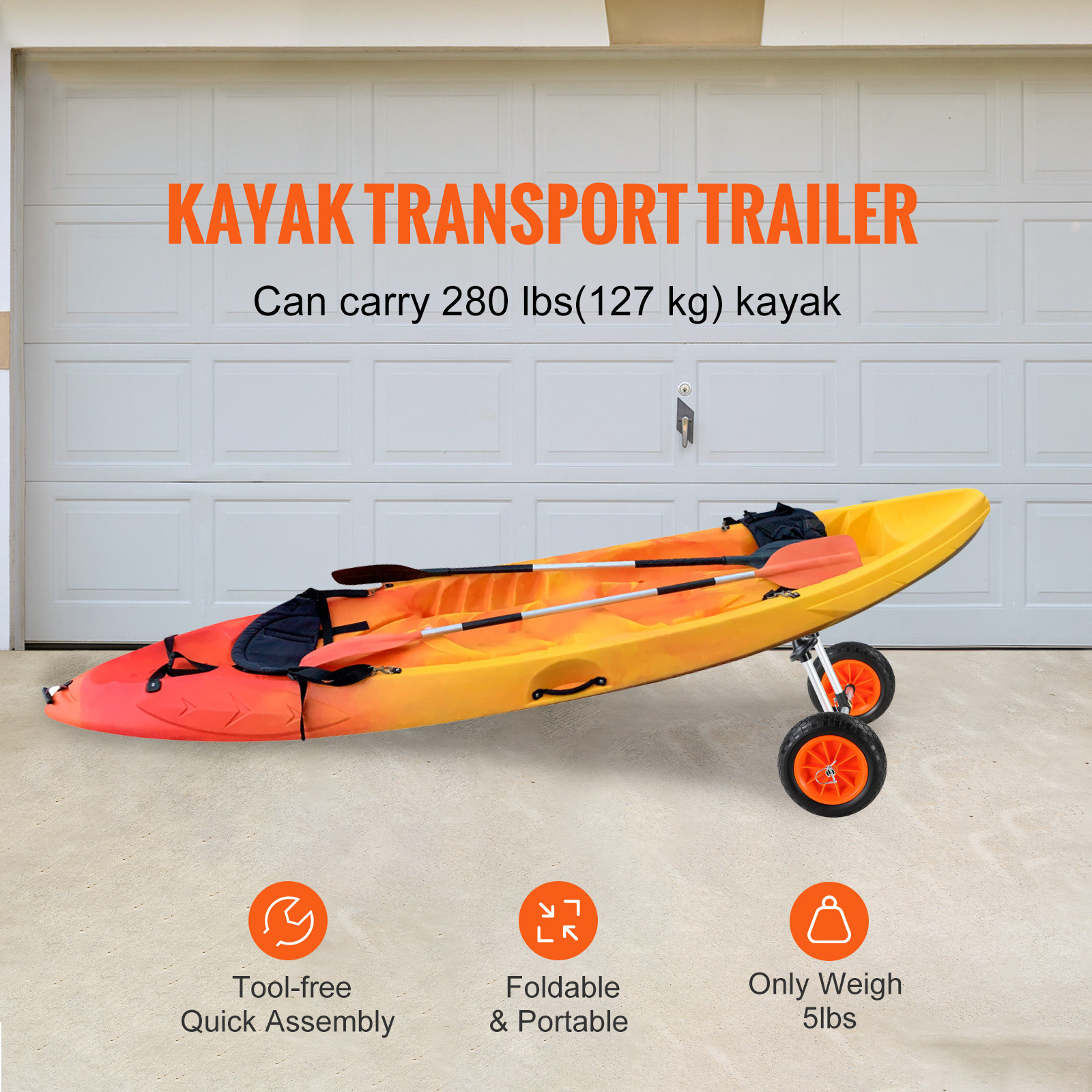 VEVOR Adjustable Kayak Cart Canoe Boat Carrier 280lbs Load with 10” Solid Tires