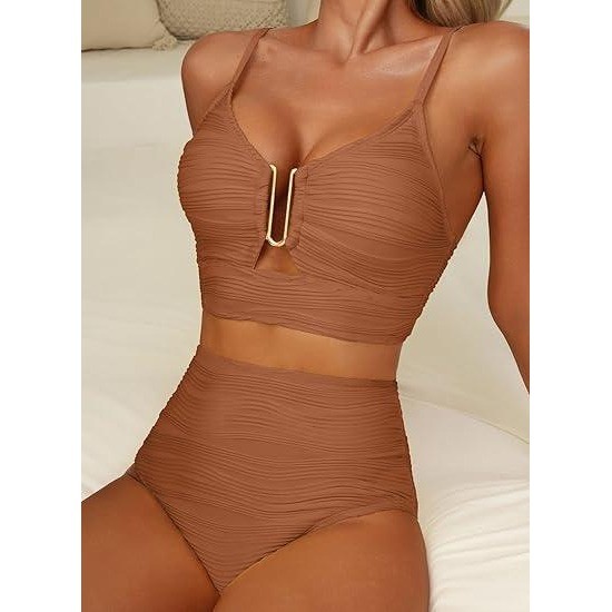 MSRP $49 Herseas S Caramel 2 Piece Bikini Set U-Wire Cutout Popular Swimsuit Hi