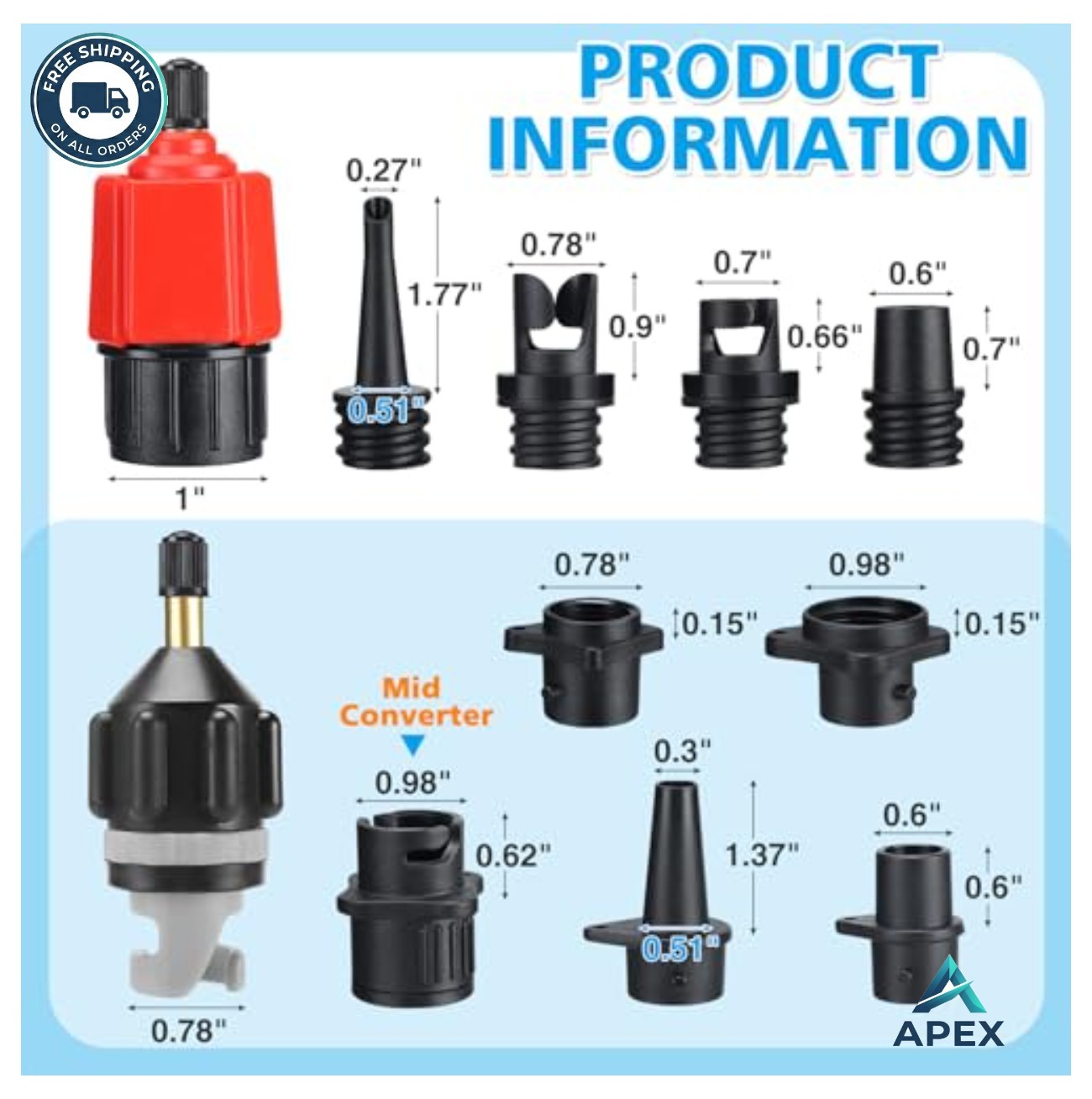 Inflatable Pump Adapter Kit 11 Piece Valve Nozzle Set for SUP Kayak Boat Dinghy