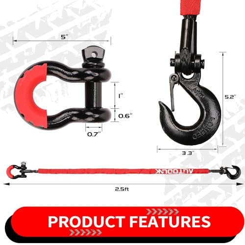 2.5FT UTV ATV Recovery Strap 19400LBS with Winch Hook and D-Ring Shackle, 2ft