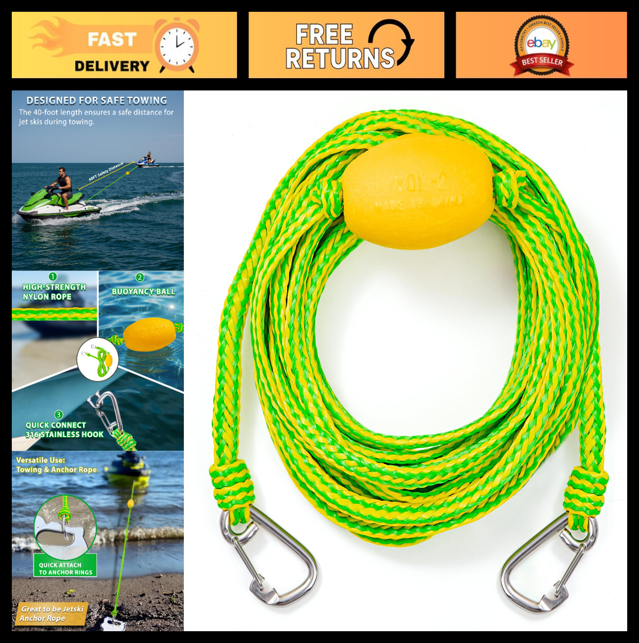 40FT Floating Tow Rope & Anchor Line for Jet Ski, PWC Recovery, 2200 lbs Strengt