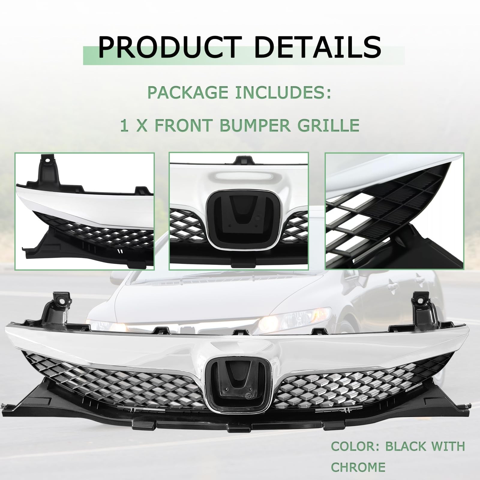 Front Bumper Grille For Honda Civic 4 Door Sedan Black With Chrome Trim Grill…